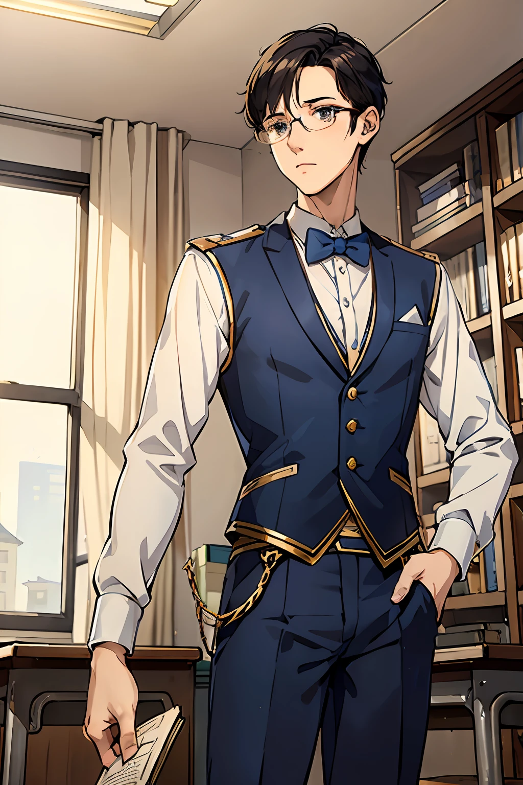 elite school uniform, blue white gold uniform, dark blue pants, white waistcoat jacket, gold buttons, blue accents, young men, 20 years, short back hair, glasses, skinny, light brown eyes, weak, tall, nerd, shy, books in hand, masterpiece, classroom background, school