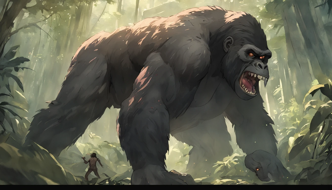 King Kong and dinosaurs fight,jungles,full bodyesbian,remote,of a real,Facial features are carefully depicted,Realistic skin texture,Dark style,depth of fields,high light,Real light,Ray traching,oc rendered,Hyper-realistic,best qualtiy,8K,Works of masters,super-fine,Detailed pubic hair,Correct anatomy,sharp focus on eyes,Bokeh,Facial features are carefully depicted