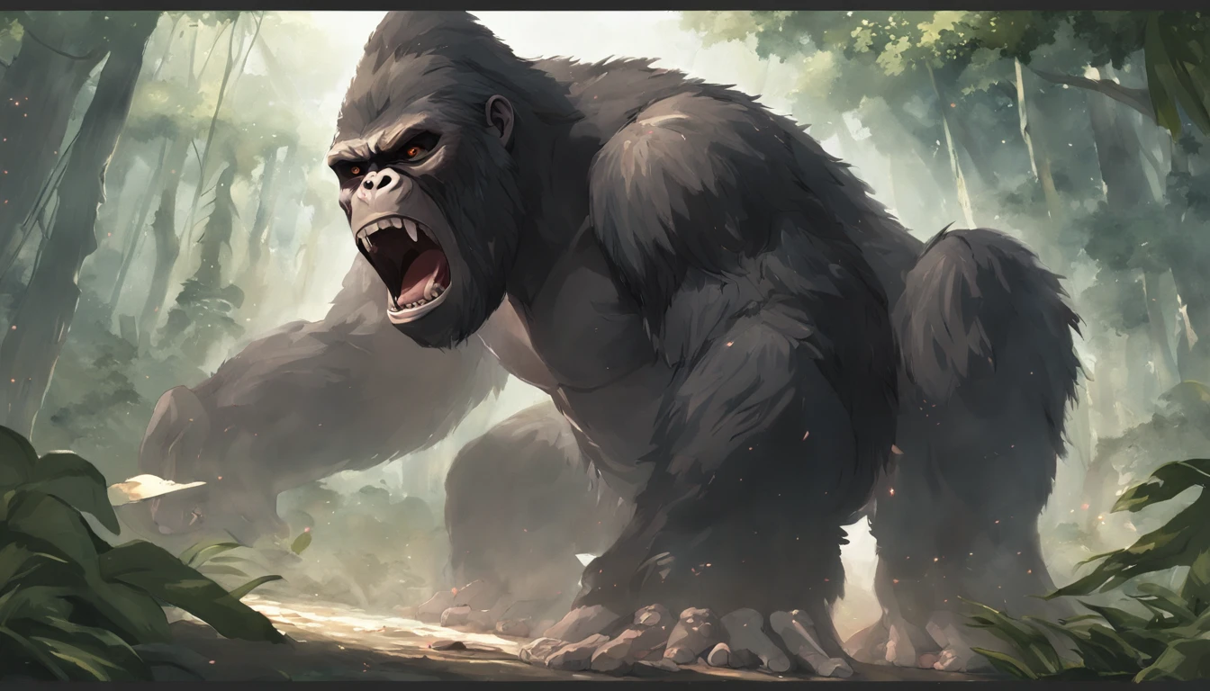 King Kong and dinosaurs fight，jungles，full bodyesbian，remote，of a real，Facial features are carefully depicted，Realistic skin texture，Dark style，depth of fields，high light，Real light，Ray traching，oc rendered，Hyper-realistic，best qualtiy，8K，Works of masters，super-fine，Detailed pubic hair，Correct anatomy，sharp focus on eyes，Bokeh，Facial features are carefully depicted
