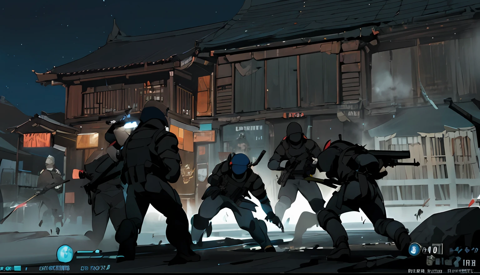 a group of people in front of a building at night, squad fighting the enemy, no jogo, in - jogo, no jogo, Roblox Captura de tela, cena de combate, in - imagens do jogo, Imagens do jogo, gameplay screenshot with ui, captura de tela digital, Captura de tela de um FPS, action scene screenshot, membros da tribo atacando, Captura de tela do videogame>, na captura de tela do jogo