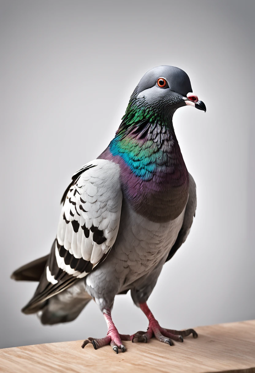 "Create a lifelike image of a urban pigeon, lying down in a relaxed pose, captured from the front, set against a clean white background."
