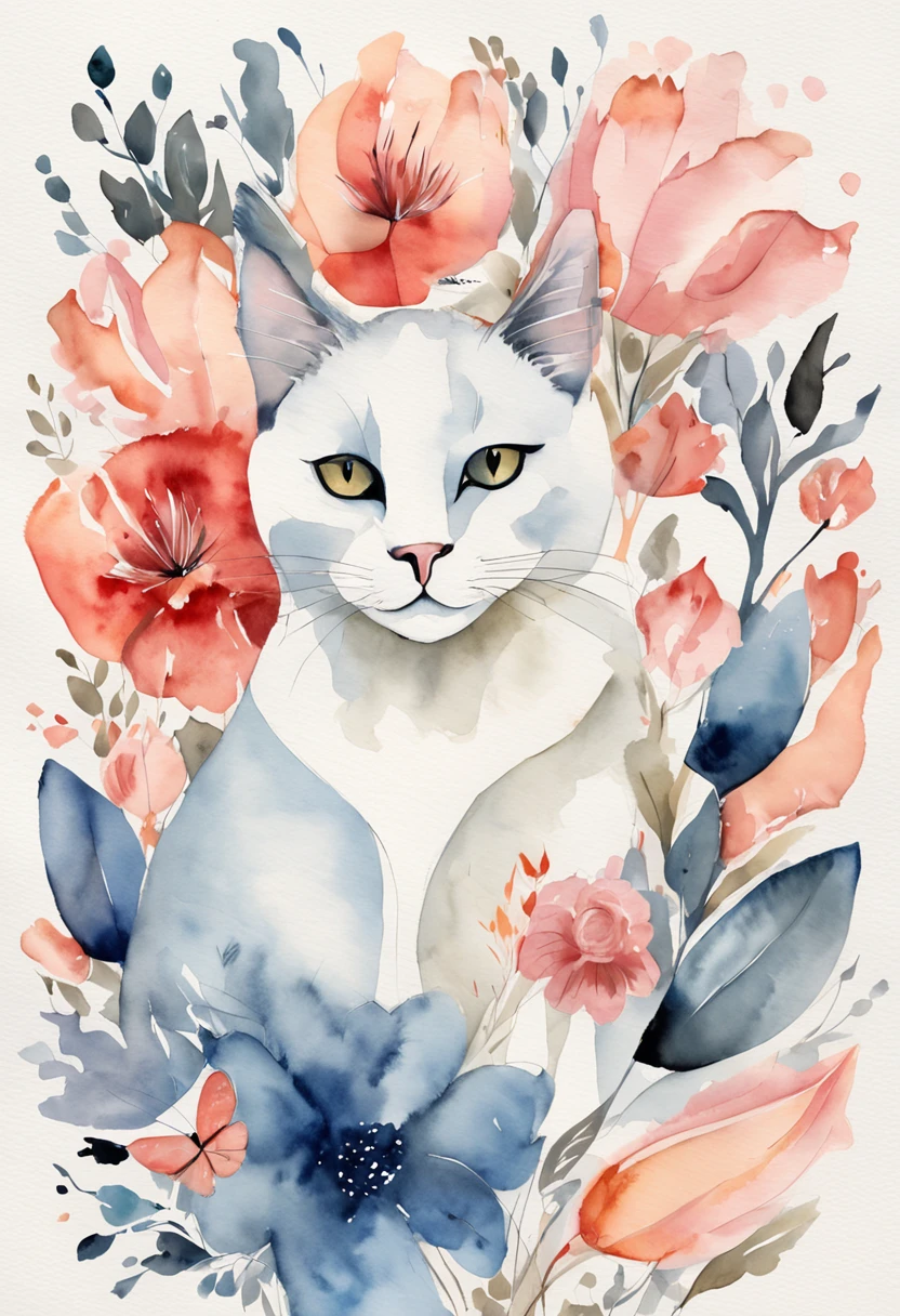 Cats, Main color: Black, Secondary color: cyan, soft pink background, Artistic, Sophisticated, Warm style, Shapes include abstract cats, Playful form, Elegant work, Textures include fur textures, Smooth paint, Fabric texture, Lines contain beautiful lines, Natural curves, Refined silhouette, Elegant shape, Approachable, Expressive, Aesthetic