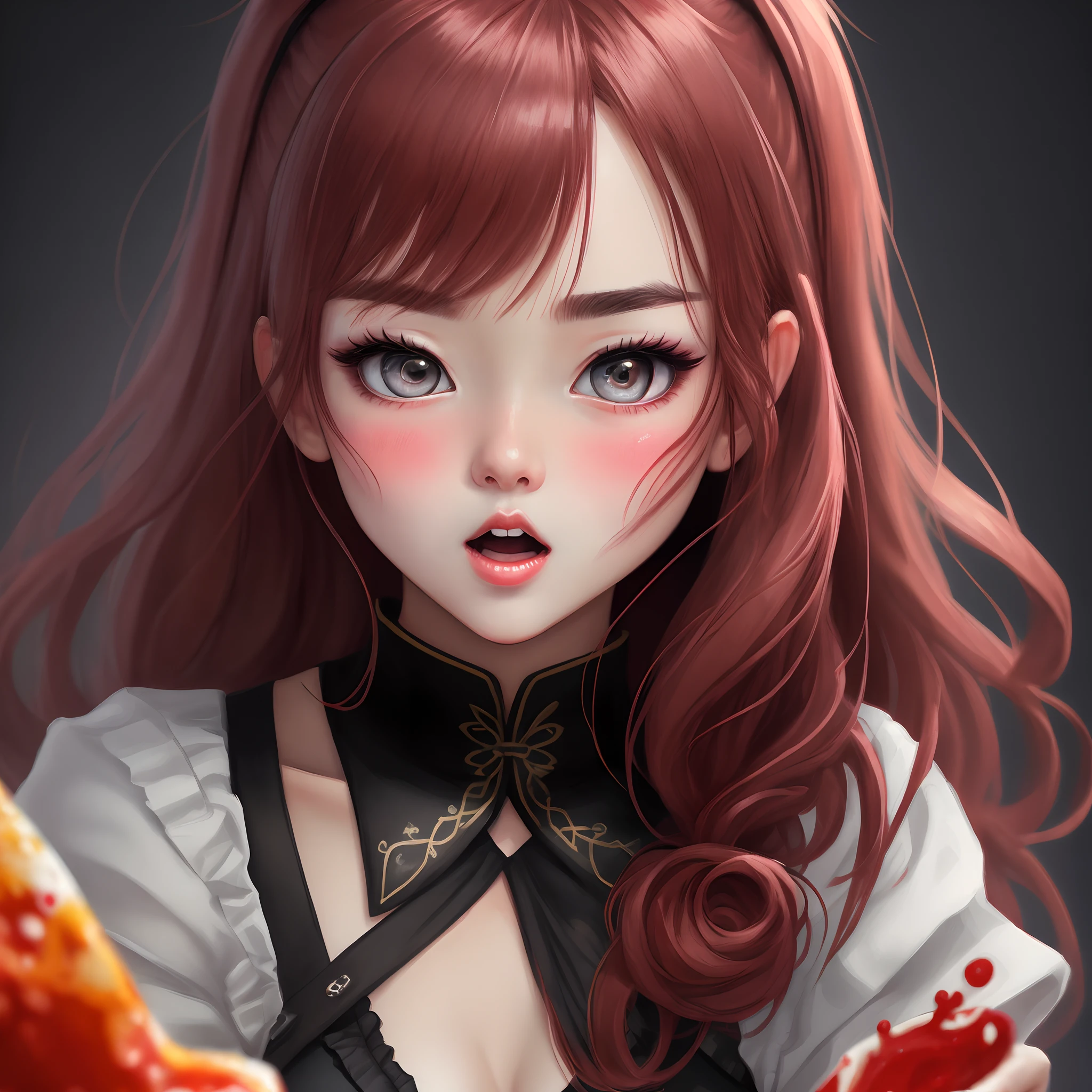 Lovely beautiful girl。Painting style。8K HD quality,Bigchest,Be red in the face。Mouth open,There is transparent mucus on the mouth,Figure-eight eyebrows。perspire。4k高清。Beautifully presented and detailed。Scared nervous looks。Extensive blush,blackstockings。Warm and cute painting style。