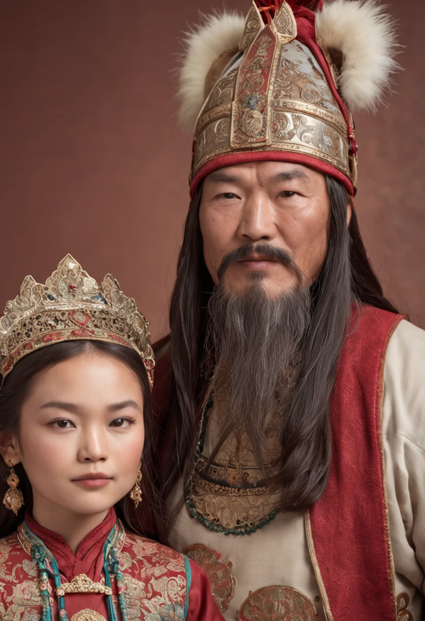 Generate an image depicting Genghis Khan orchestrating a marriage between his daughter and an allied king.