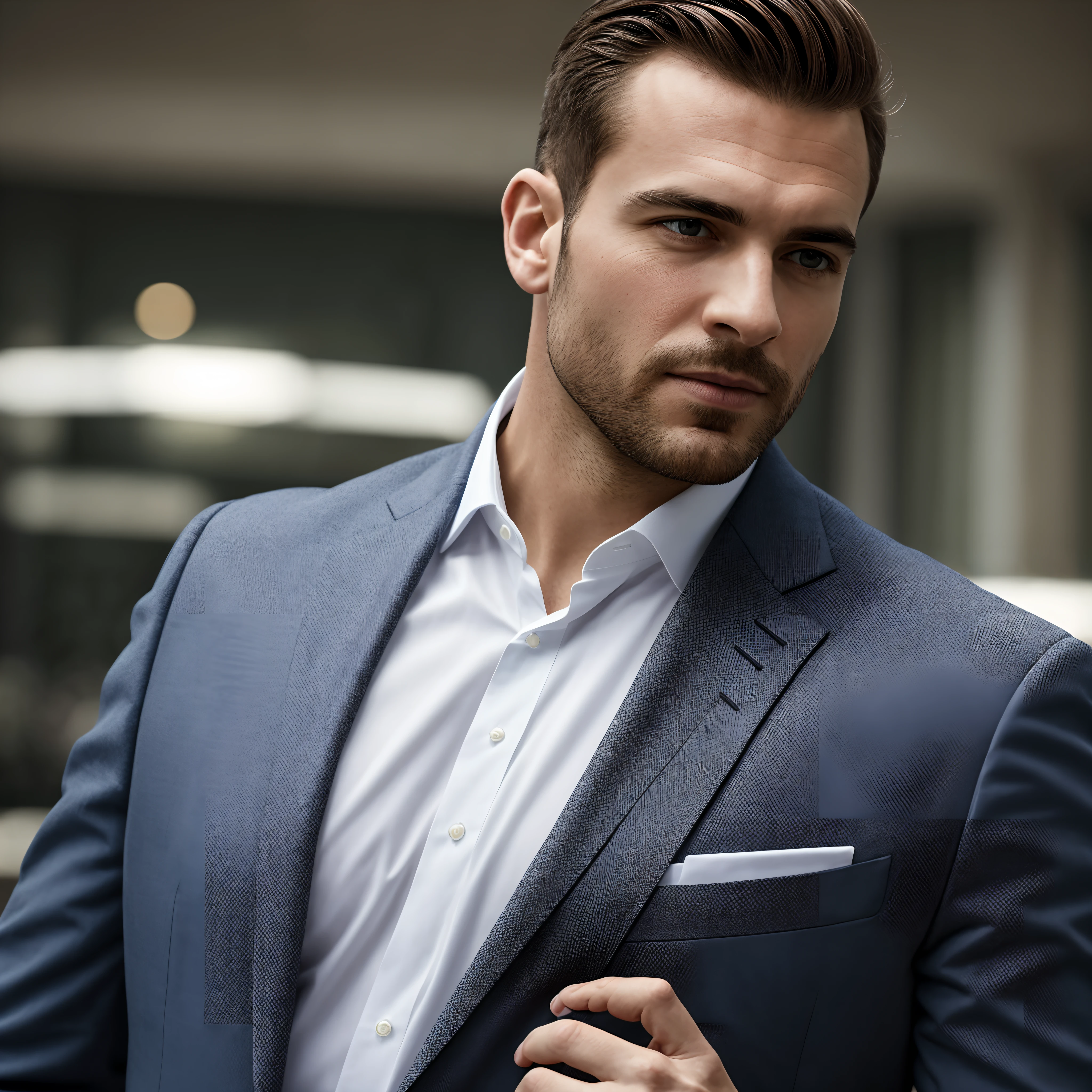 Style: {Hyper-realistic:1.3}, {Hyper-detailed:1.3}, {16k resolution:1.2}, {Cinematic quality}, {Hyper-sharpness}:1.3.
 (1man), (an important executive), (close UP):1.4, {extremely real skin/+sharpness}:1.5, (bearded), (elegant and handsome), (very pale skin), (realistic textured skin):1.3, (skin pores):1.2, (realistic hair):1.3, (full body), (suit) (business clothes):1.3, (realistic clothes).
 [looked imposing], [confident man], [hyper realism], [The scene remains majestic and detailed], [with a cluttered environment that may include elements of a high-level executive office].  Effect: "Volume lighting", "depth of field", "great shutter aperture", "better shutter speed", "good sharpness", "anti-aliasing", "great RAW camera", "good curves and levels", " nice sharpen", "nice Guassian Blur filter", "great unsharp mask for depth of field effect and detail enhancement", (octane rendering)", "professional shading", "soft dynamic light" "soft shadows:" , "dynamic shadows ", "cinema toning", "midjourney style v5.2", "steady diffusion", "background blur effect", "gloss blur" "overall sharpness", professional focus mode", "post-professional production", "Fujifilm XT3 film grain".
