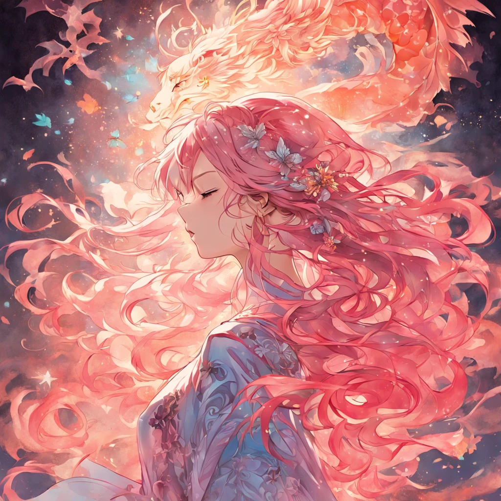 (White background:1.4),(Silhouette of a beautiful woman's head, Eyes closed, colorfull long hair, Oriental elements),bare big breasts, pink nipples, (Chinese illustration:1.3,paper art:1.3, Quilted paper art:1.2),( reasonable design, Clear lines, High sharpness,Best quality, Very detailed, Masterpiece, movie light effect, 4K )