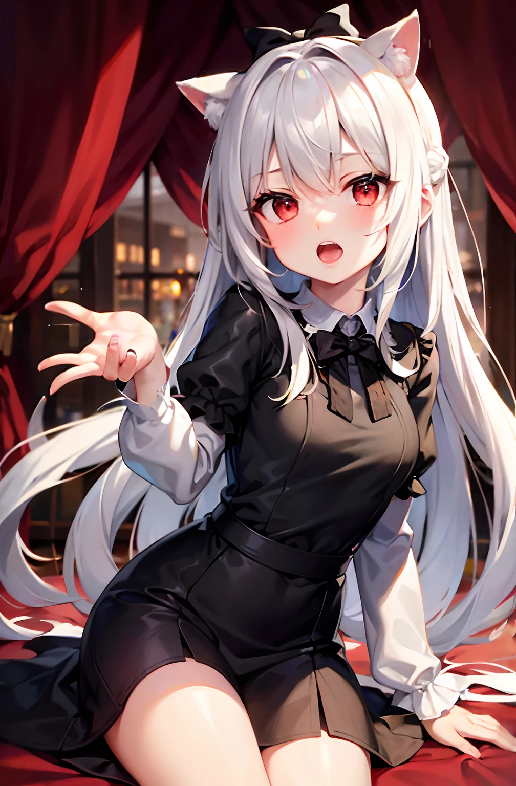 NSFW, Mutsuki, Mutsuki_Blue_Archive, long hair, white hair, playful, smug, sweaty, bright smile, flat breasts, small breasts, dress, red dress, teasing, giggle, upskirt, lifting dress, no panties