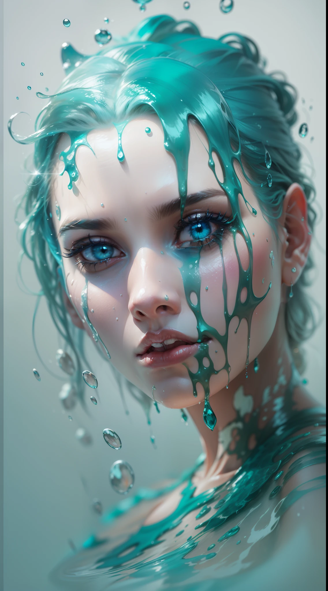 a half body portrait of a woman as made of water, half body submerged in water, at a lake, turquoise hair depicting as waterfall, wet, drops of water on the face and body, natural body posture, rain, Art by Alberto Seveso, symmetrical, abstract artstyle, intricate complex watercolor painting, sharp eyes, digital painting, color explosion, concept art, voluminetric lighting,TanvirTamim, metallic reflections, 2d render, by artgerm, trending on artstation, UHD, HDR raw photo, realistic, sharp focus, 8K high definition, insanely detailed, intricate, high quality