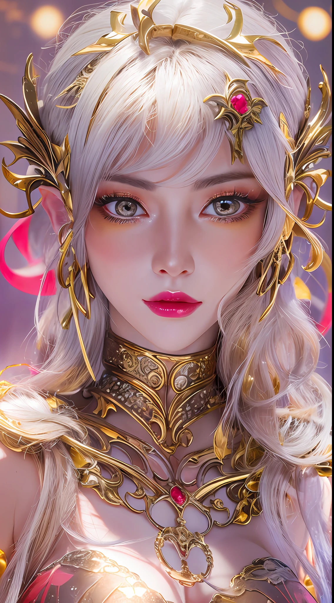 1 20 year old girl, 1 goddess Athena, pink purple silk dress, beautiful goddess Athena face without blemishes, delicate yellow nightgown, long thin sequin nightgown with many sexy black lace details, 1 beautiful thin red silk cloth half veil, female saint legend, female saint icon, beautiful goddess style glitter, dark and mysterious version, vermilion lips, plump red lips, not smiling, mouth closed, delicate and beautiful pino detailing, delicate and beautiful lip detail, , (pure and flawless face: 1.9), female saint body, round chest, big and round breasts, phoenix brooch, long flat bangs, (7-color rainbow hair: 1.9), flower stickers tattoo on forehead, beautiful clear face and well-proportioned eyes, (transparent yellow eyes: 1.8), (big round eyes and makeup, sexy wet eye makeup, very beautiful and meticulous hair makeup, long and delicate blonde hair, delicate, body image: 1.8), figure: and vivid, (stars that make up the sky: 1.7), (the sky of heaven and the fictitious gate of time and space: 1.8), fictional art, RAW photos, hanfu photos, best photos, high resolution, best quality, best photos, best goddess quality, 8k female, super 8 single saint portraits, truest color schemes, masterpieces, best beauty brands, best hair jewelry, brand real photo, dark studio, border light, two-tone lighting, (rose white skin: 1.4), (high skin detail: 1.1), 8k uhd, d slr, soft light, 8k, high quality, candid, volume Smooth and sharp, 10x pixel increase, sexy goddess, sexy goddess, (background space: 1.8), (most beautiful aurora eyes: 1.7), beautiful eyes, aurora beautiful and flowery, (beautiful single girl: 1.8), (more details:0.8),