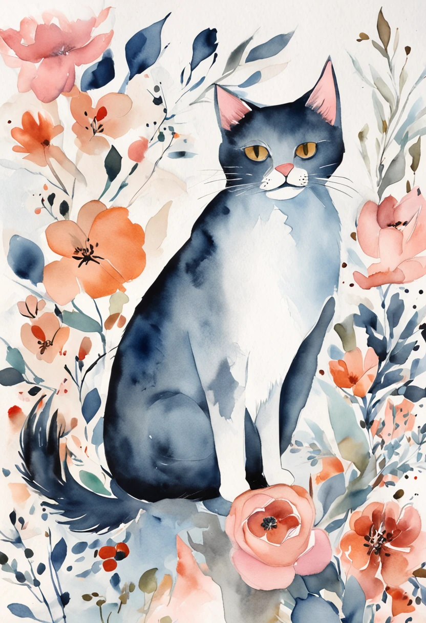 catss, Main color Black, Secondary colorBlue, Pastel pink background, artistic, Sophisticated, Warm style, Shapes include abstract cats, Playful forms, Elegant piece, Textures include fur textures, Smooth paint, Texture of the fabric, The lines contain graceful lines, Natural curves, Delicate silhouette, The shape is elegant, approachable, Expressive, Aesthetic