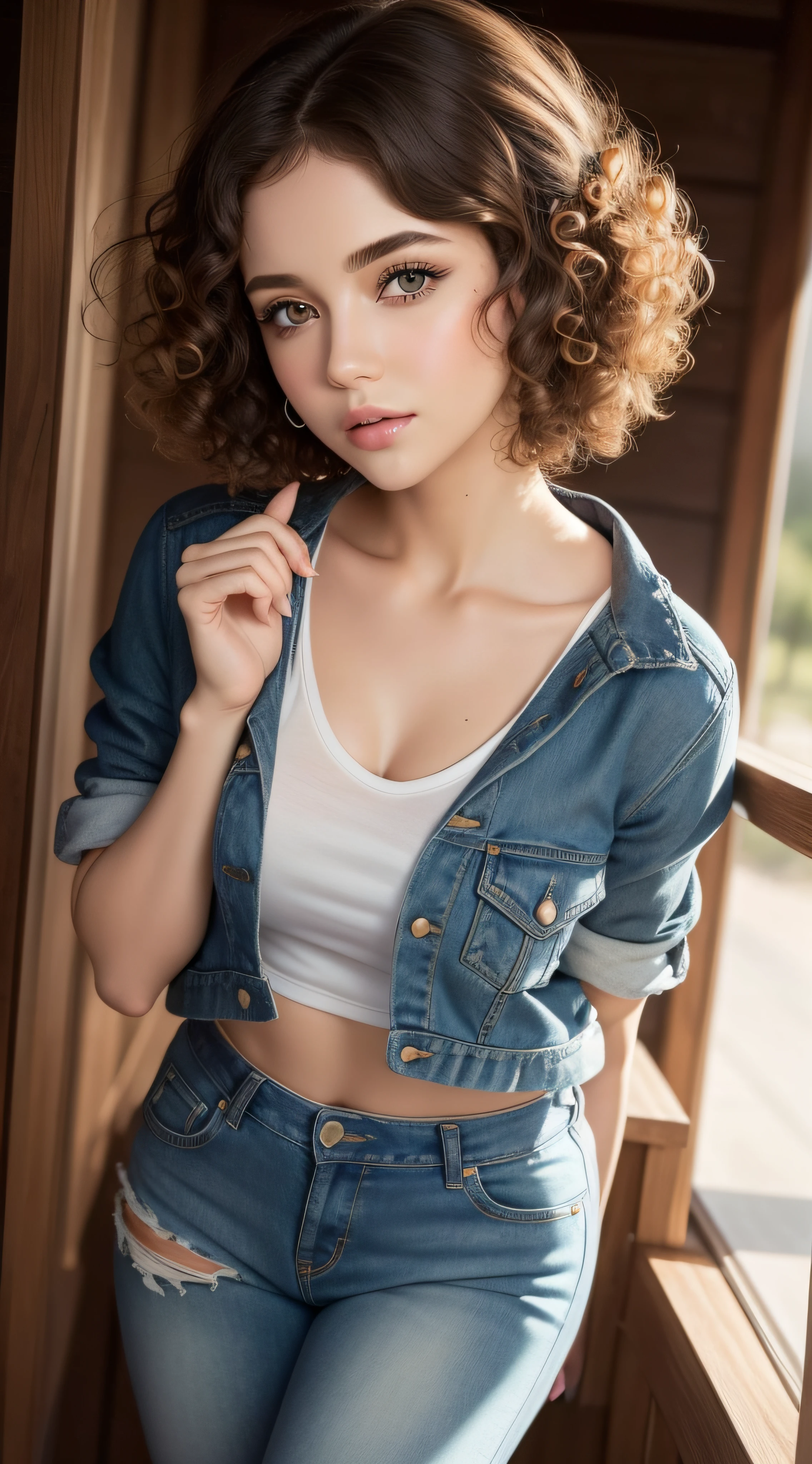 beautiful women, college girl, masterpiece, best quality, ultra detailed, photo realistic, shiny eyes, detailed face, collarbone, beautiful eyes, green eyes, detailed eyeshadows, brown hair, lip gloss, pink lip, makeup, sexy legs, (attractive:1.5), sharp focus, puffy eyes, (kpop idol:1), full body, (curly hair:1.4),(short hair:1.6), jacket, jeans pants, cowboy cloths(beautiful:1.5)