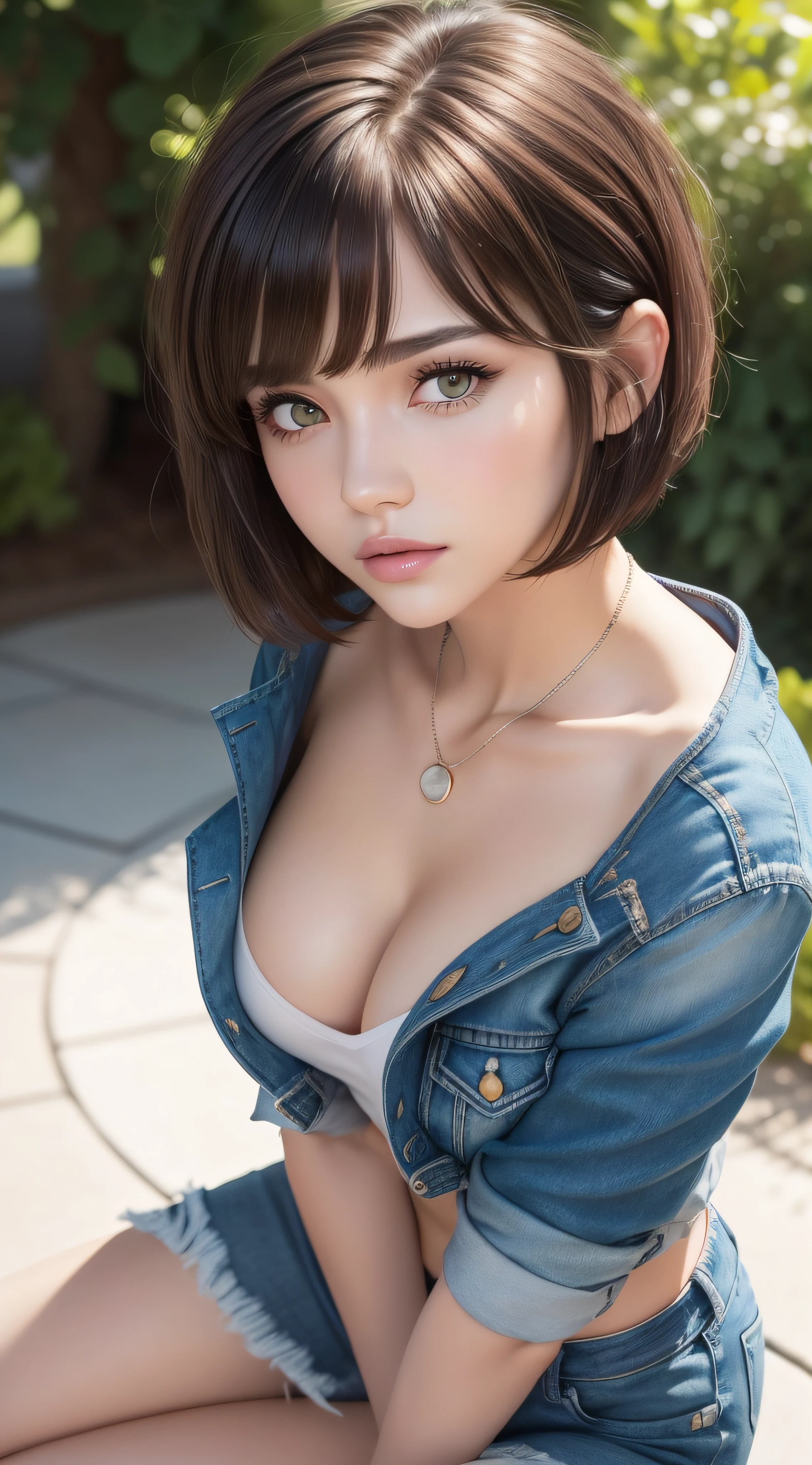 beautiful women, college girl, masterpiece, best quality, ultra detailed, photo realistic, shiny eyes, detailed face, collarbone, beautiful eyes, green eyes, detailed eyeshadows, brown hair, lip gloss, pink lip, makeup, sexy legs, (attractive:1.5), sharp focus, puffy eyes, (kpop idol:1), full body, (bangs:1.4),(short hair:1.5), jacket, jeans pants, (beautiful:1.5)