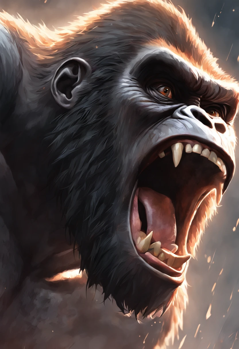 Roaring King Kong，head portrait，Close-up，of a real，Facial features are carefully depicted，Realistic skin texture，Dark style，depth of fields，high light，Real light，Ray traching，oc rendered，Hyper-realistic，best qualtiy，8K，Works of masters，super-fine，Detailed pubic hair，Correct ???????，sharp focus on eyes，Bokeh，Facial features are carefully depicted