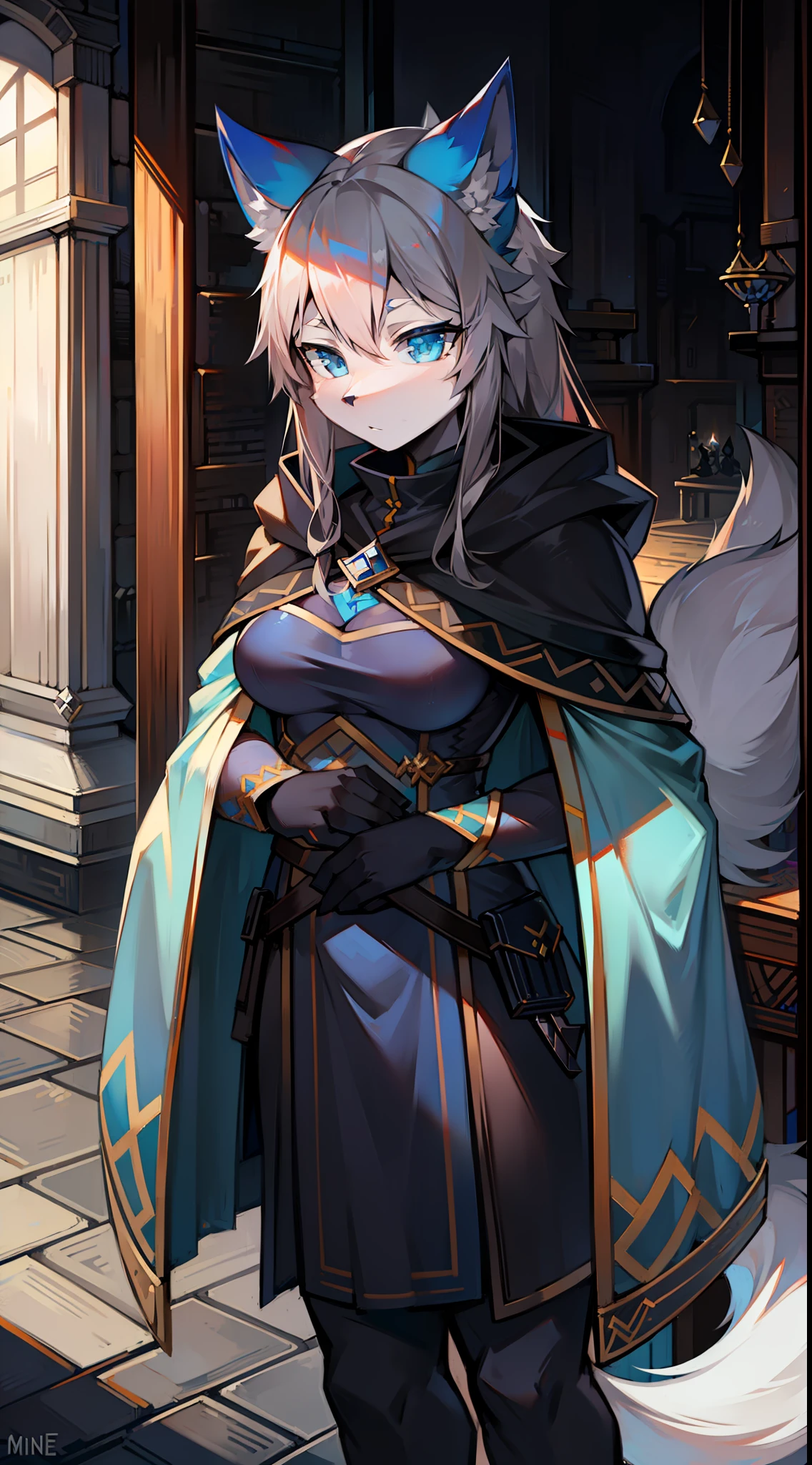 Assassin's Cloak,Big-tailed wolf,Gray hair,blue color eyes,female,long whitr hair