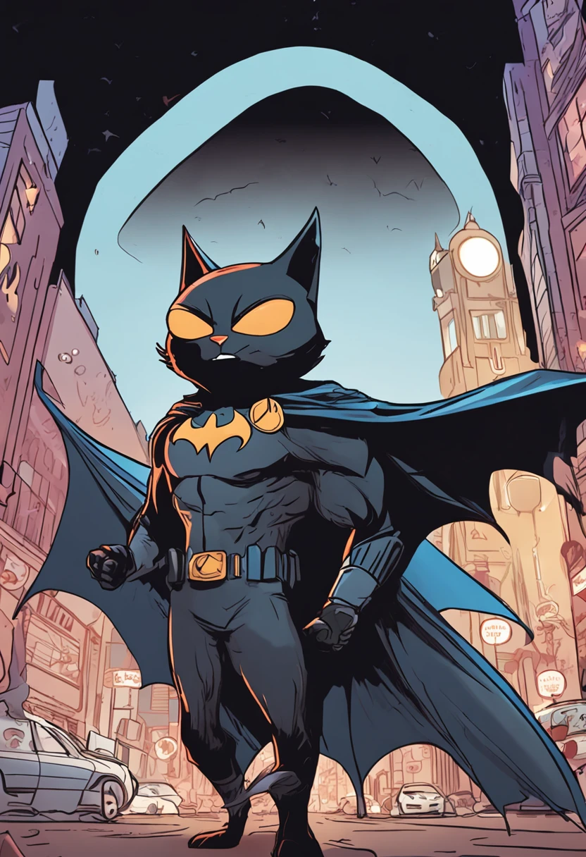 An anthropomorphic blond cat with light fur and expressive blue eyes, walking upright wearing a bat-themed superhero costume. He wears a black bat mask that covers his feline facial features, with pointed ears. His face shows a prominent white mustache. Wearing a tight black suit with cape, bat logo on the chest, and pointy boots and gloves. He radiates confidence and craftiness. The background is a city night with alert signal in the sky, (((Masterpiece, extremely detailed, photorealistic, cinematic lighting, 8K, dramatic perspective))).
