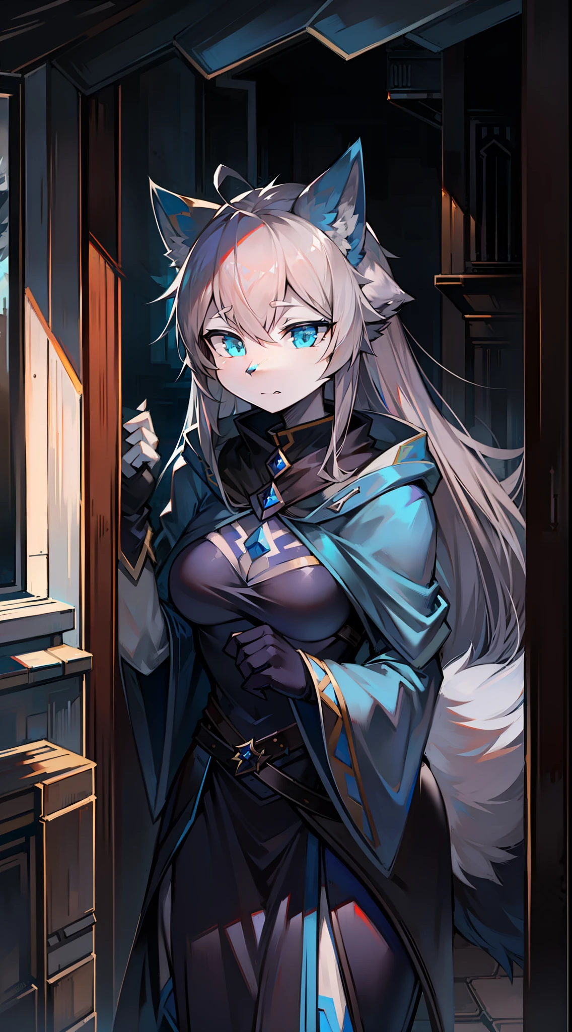 Assassin's Cloak,Big-tailed wolf,Gray hair,blue color eyes,female,long whitr hair