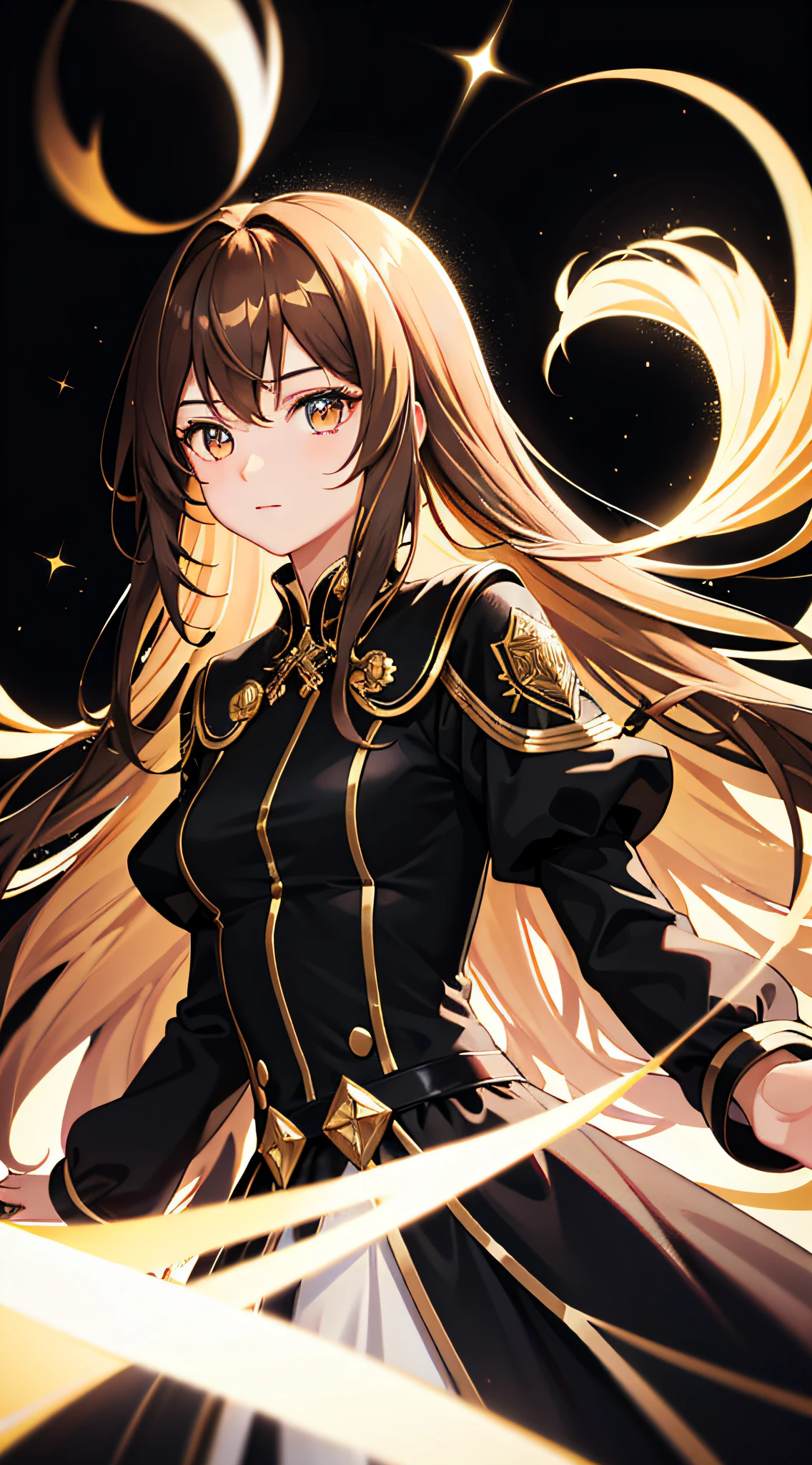 Wallpaper, highly detailed, best quality, 1girl, brown long hair, detailed eye, dress, black background, shooting stars, light coming from background, golden eyes