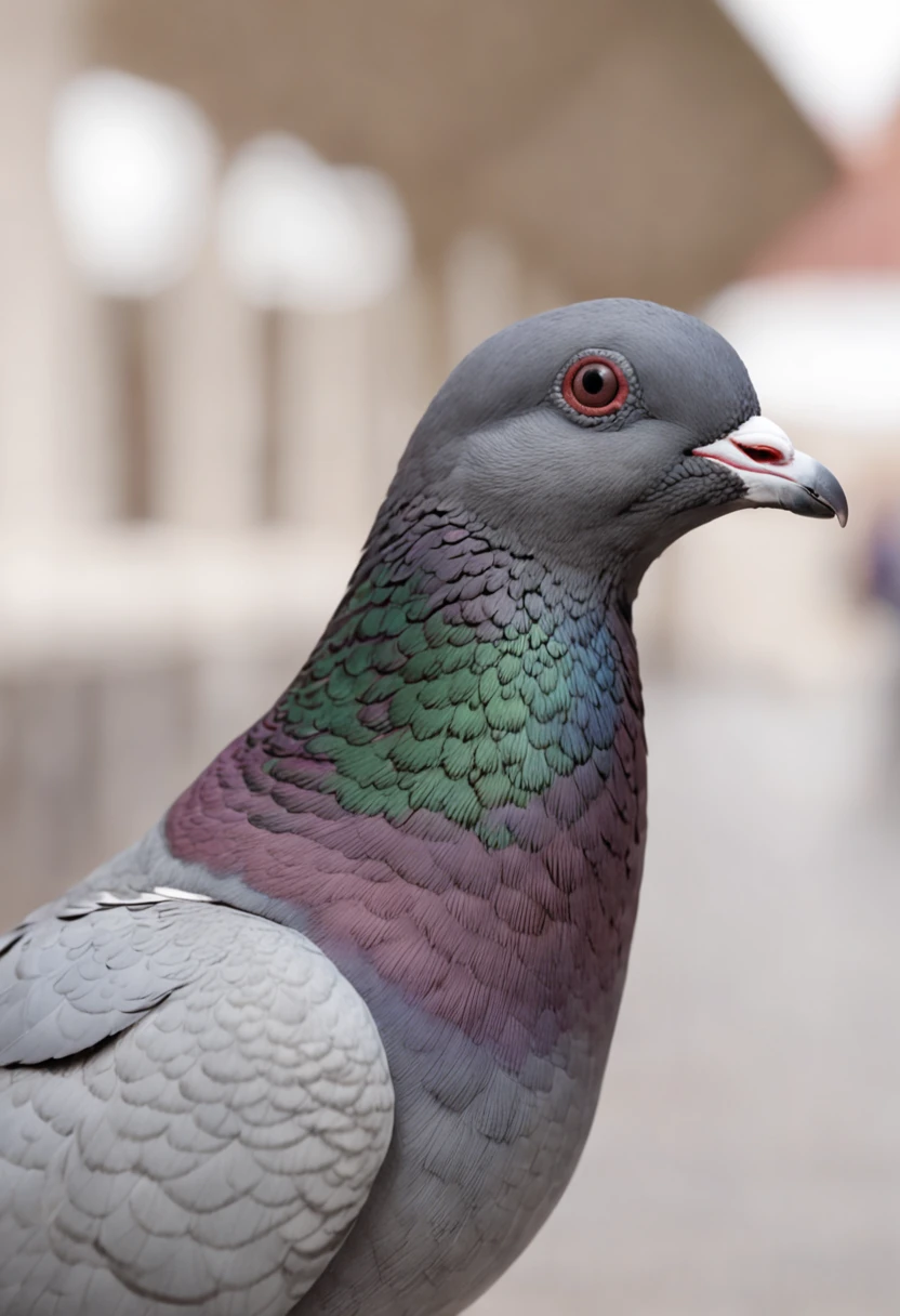 "Generate a realistic image of a pigeon resting comfortably on the shoulder of an out-of-focus person, with the focus on the pigeon. The person's torso should be visible in the frame, and the scene should be set against a plain white background. The perspective should be front-facing."