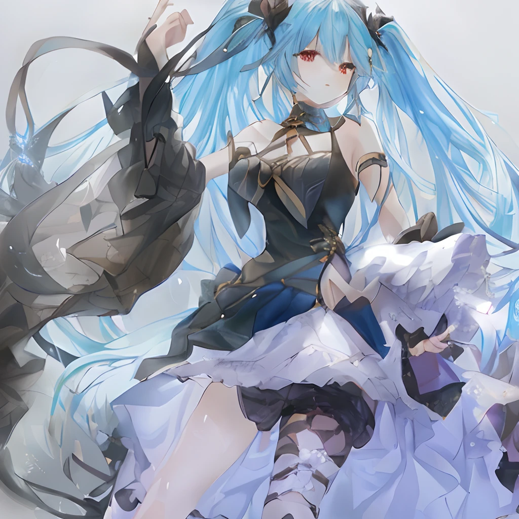 The dancer's hips undulate The dancer's joints are soft The dancer's hips twist more than ordinary people Hair flutters the face is round Fume round cheeks Red cheeks Low saturation Hair is bright light blue