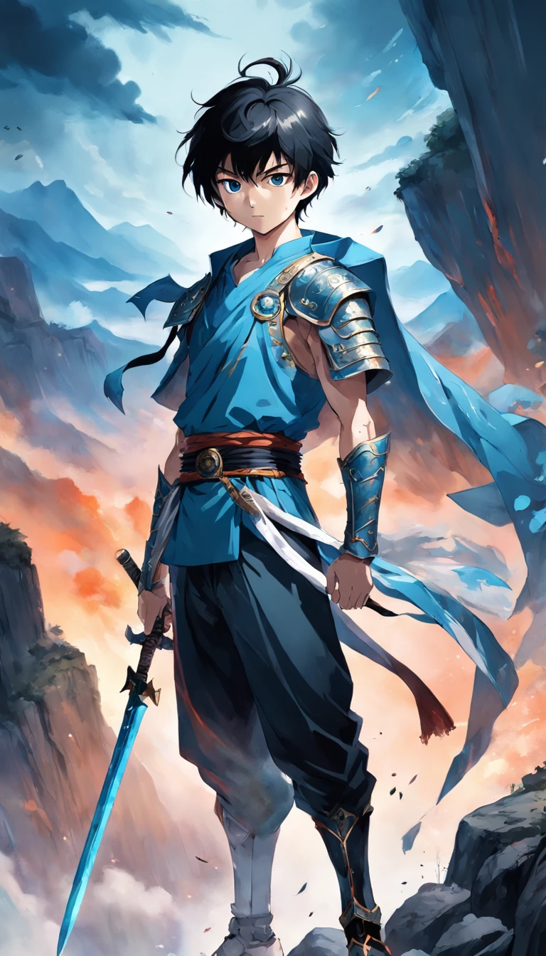 full body portrait of an asian warrior, 1boy, detailed face, short black hair, blue eyes, enchanted spear, good proportions, standing on cliff, dynamic pose, looking at viewer, wearing armor, background with smoke, colosseum, masterpiece, 2d art, HDR, watercolor, smooth render, high contrast, low key, anime key visual, high details
