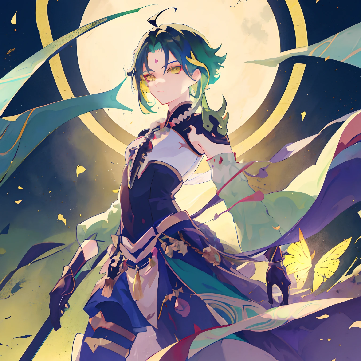 Anime girl with green hair and sword before full moon, Portrait Chevaliers du Zodiaque Fille, Best anime 4k konachan wallpaper, demon slayer rui fanart, Keqing from Genshin Impact, handsome guy in demon killer art, Key anime art, Detailed key anime art, knights of zodiac girl, demon slayer artstyle, Genshin impact's character