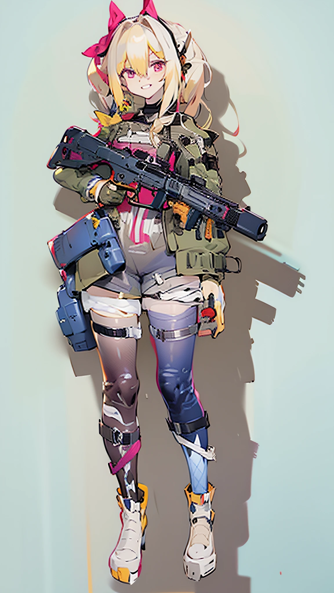 A painting of a woman with a gun and a gun, detailed full-body concept, heavy lineart, full body concept, line work concept art, Line sketch, clear outfit design, Line sketch!!, heavy outline, detailed full body concept art, Full body character drawing, mechanized soldier girl, Outline sketch, Full body illustration, Character design sketch, clean lineart,M4 assault rifle,White color hair,Double curly ponytail,gentle grin,Pink hair accessories,silvery white hair,greyt hair,White hair,White-haired girl,red color eyes