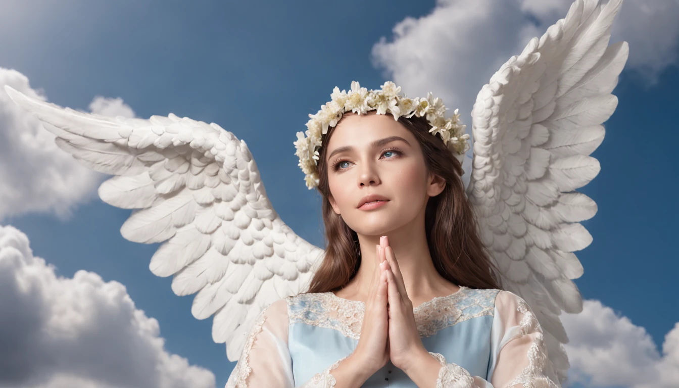 an angel of God watching and praying in the blue sky with beautiful clouds, estrelas brilhando, flores brancas no ar, realista, qualidade 8k