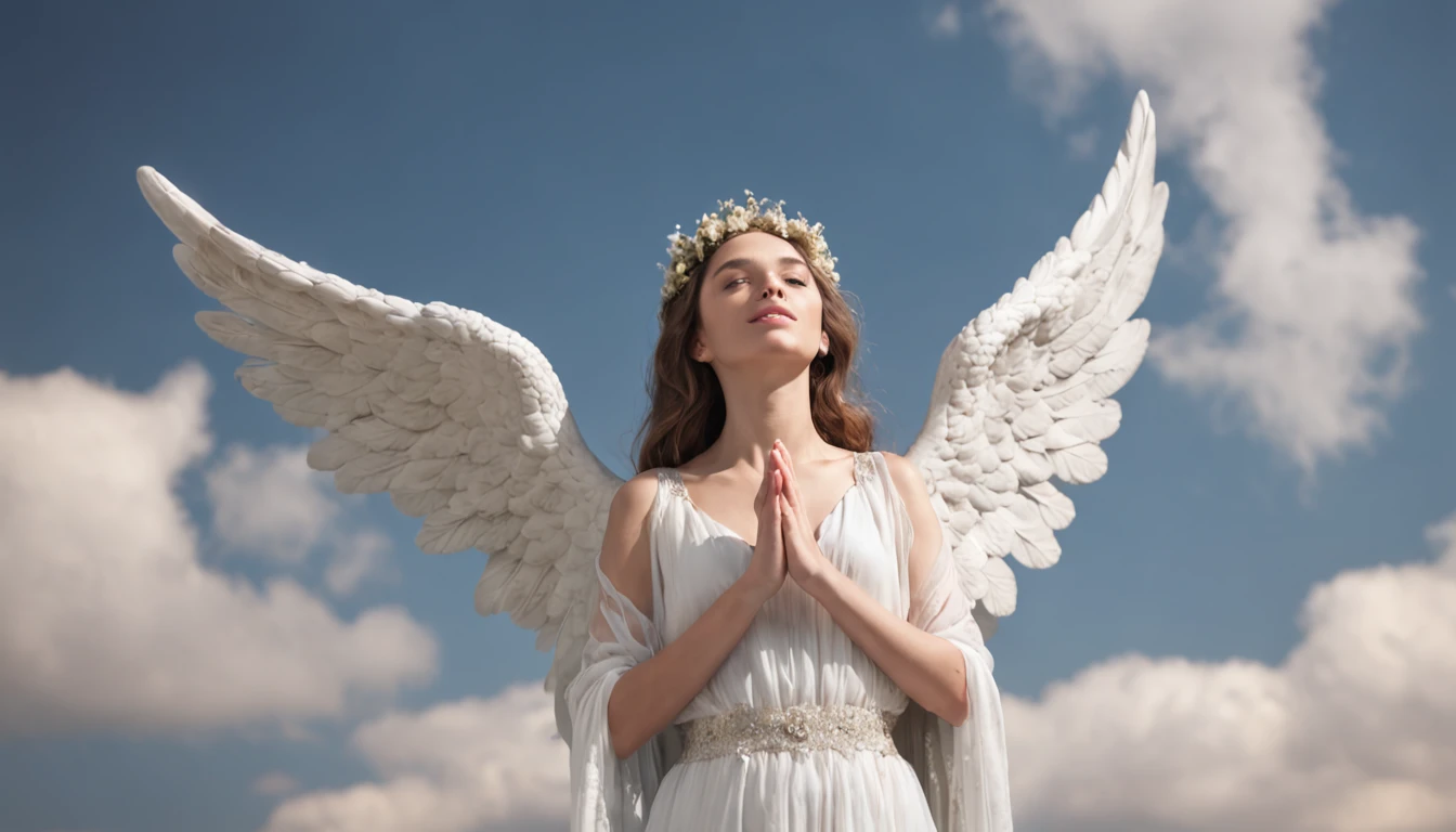 an angel of God watching and praying in the blue sky with beautiful clouds, estrelas brilhando, flores brancas no ar, realista, qualidade 8k