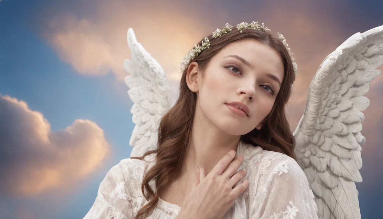 an angel of God watching and praying in the blue sky with beautiful clouds, estrelas brilhando, flores brancas no ar, realista, qualidade 8k