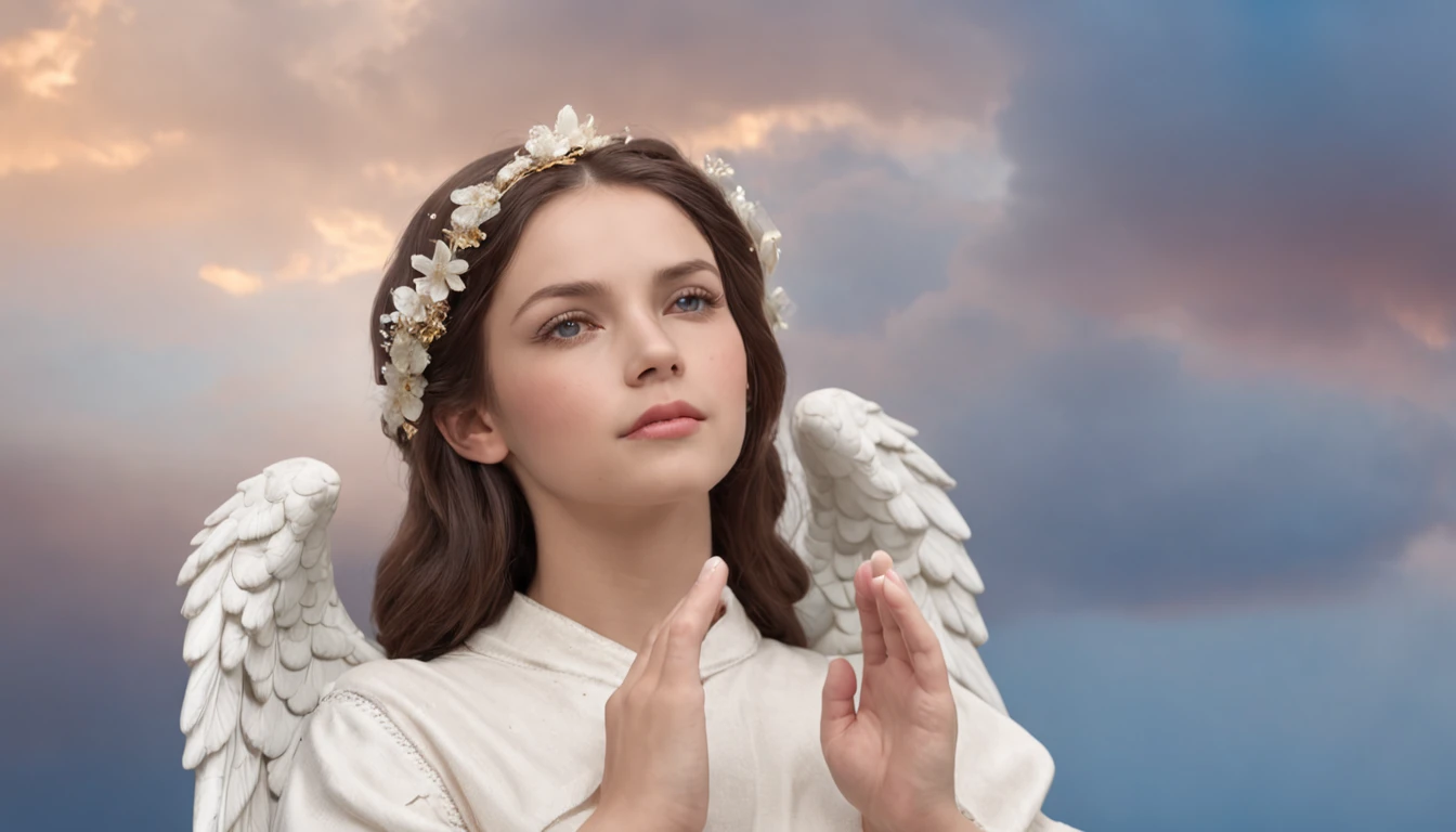 an angel of God watching and praying in the blue sky with beautiful clouds, estrelas brilhando, flores brancas no ar, realista, qualidade 8k