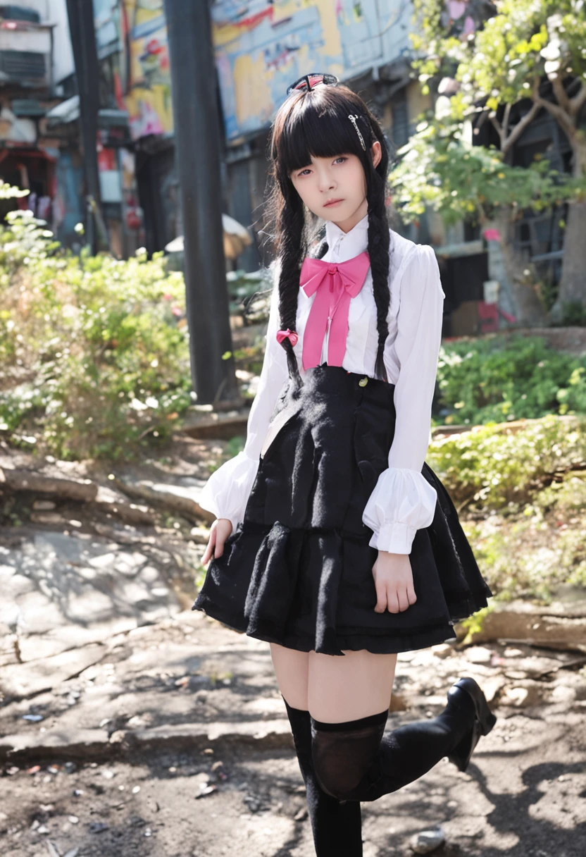 best qualtiy、Live Action、realisitic、girl with、asian human、Mine Makeup、Kabukicho、pink there、A black、Platform loafers、knee high socks、A dark-haired、Long、Patsun、bow ribbon、Gothic lolita、cute little、Beautie、enticing、natta、looks sleepy、boredom