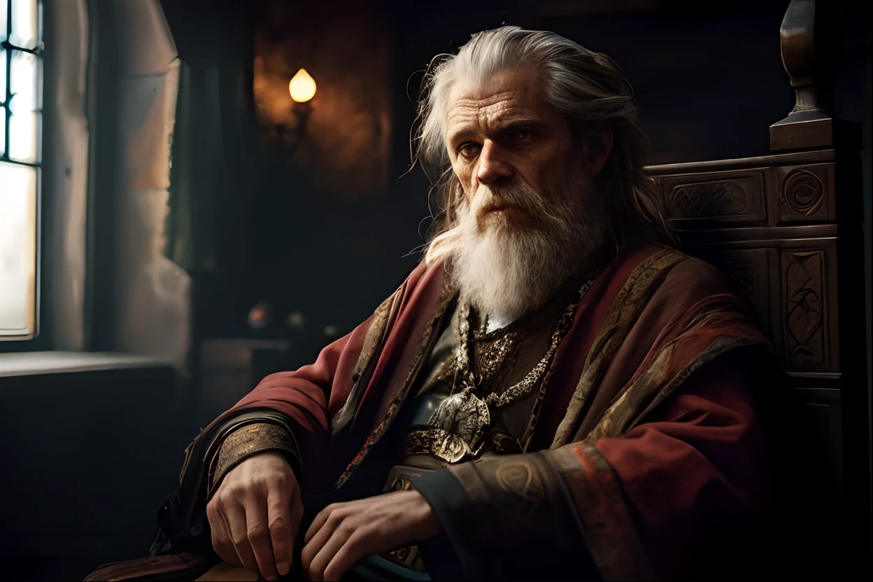 um velho com uma longa barba branca sentado em uma cadeira, Willem Dafoe em Plague Knight, Directed by: Roman Bezpalkiv, Abdulov, Velho Rei Medieval, de witcher (2021), Odin, Retrato de Merlin, Guilherme Dafoe, Directed by: Serhii Vasylkivsky, Directed by: Alexander Fedosav, de warcraft