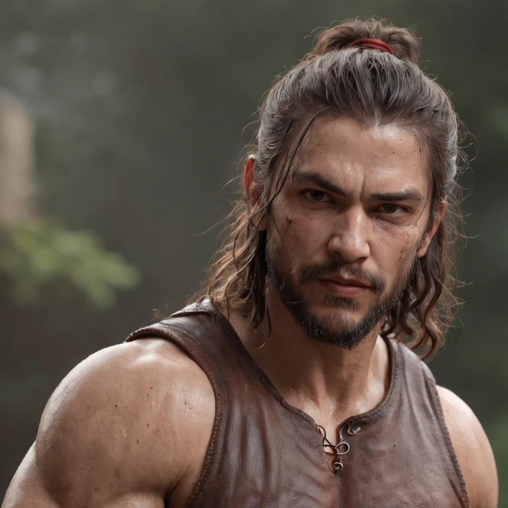(Professional 3D rendering:1.3) de (Realistic:1.3) Foto de arte mais bonita do mundo,Features soft, bright male heroes, ((Epic hero fantasy rough muscular man wet hero angry look long hair short beard and fierce expression in dynamic pose, fantastic location, majestoso ambiente desordenado)), corpo inteiro 8k unidade render, action shot, poros da pele, very dark lighting, sombreamento pesado, circunstanciado, Rosto detalhado, (vibrante, fotogrdeia realista, Realistic, Dramatic, Escuro, foco nítido, 8k), (Old leather clothes damaged by bad weather:1.4), ((((Use peles)))), (intrincado:1.4), decadente, (altamente detalhado:1.4), pintura digital, rendering by octane, art stations, Conceito-Arte, liso, foco nítido, illustration, germe da arte, (Loish:0.23), Wlop Ilya Kuvshinov, e Greg Rutkowski e Alphonse Mucha Gracias, (global ilumination, studiolight, Light Volumetric), chuva forte, floating particles, patife, fantasia, Onze, corpo inteiroesbian, ((Fundo escuro e antigo da cidade:1.3)),CGSesociedade,art stations
