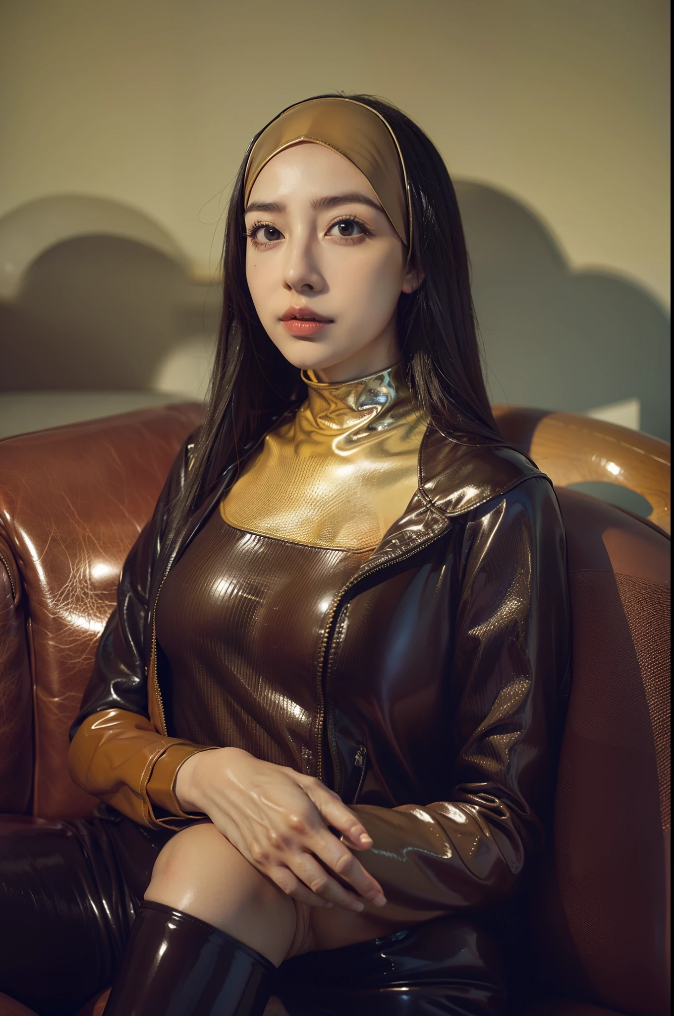 1girl,sitting on a cozy couch,latex, skinsuit, kigurumi, hentai, hijab, ahageo