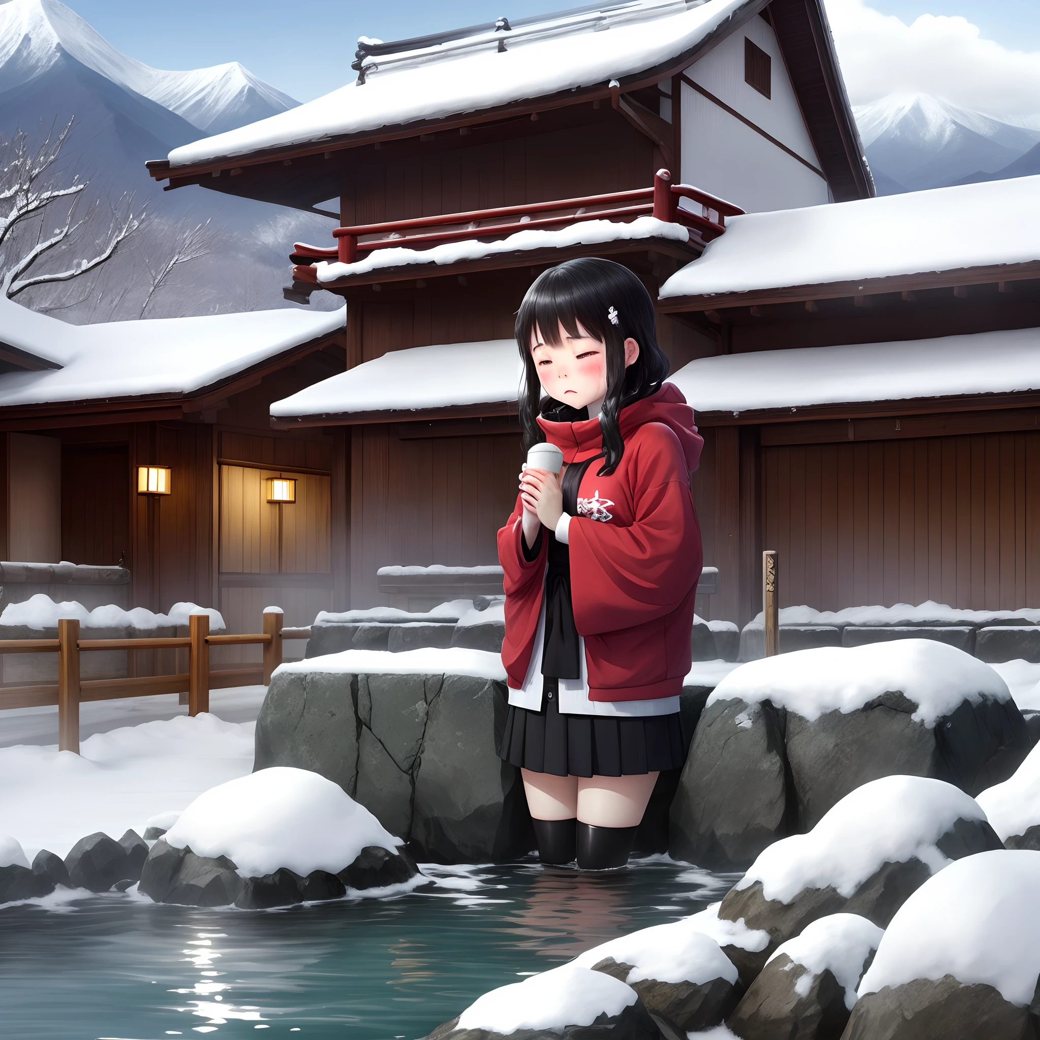Beautiful and cute girl,hot onsen,weeping,SakuraNS,snow mountains