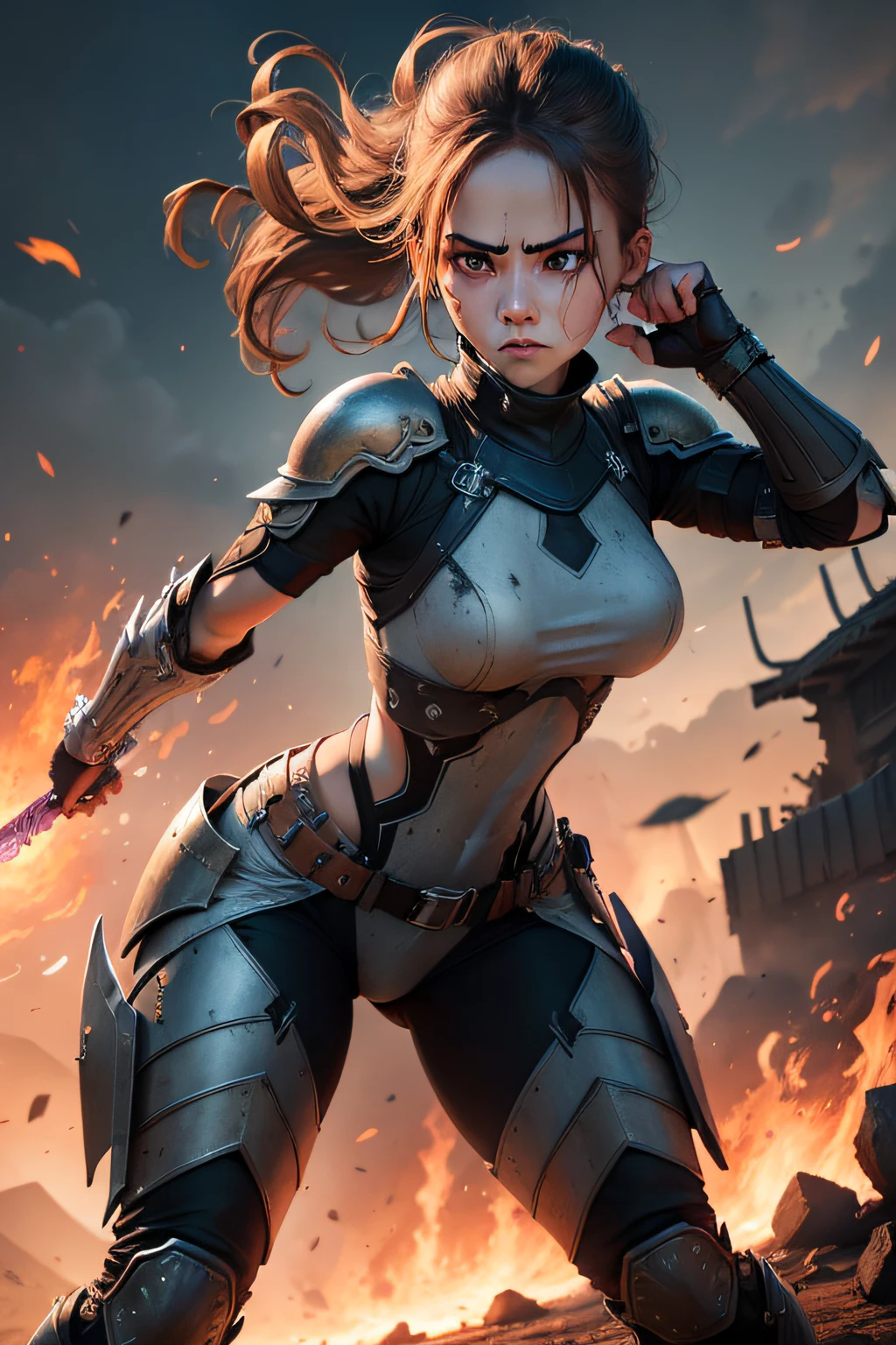 Amidst the chaos of the battleground stands a fierce female warrior. Her advanced combat armor blends style with functionality, and her violet eyes mirror the flames of battle. Scarred but resolute, she wields dual energy pistols and moves with deadly grace. Whether in close combat or precision strikes, she remains one step ahead, a symbol of unwavering strength in the face of adversity.