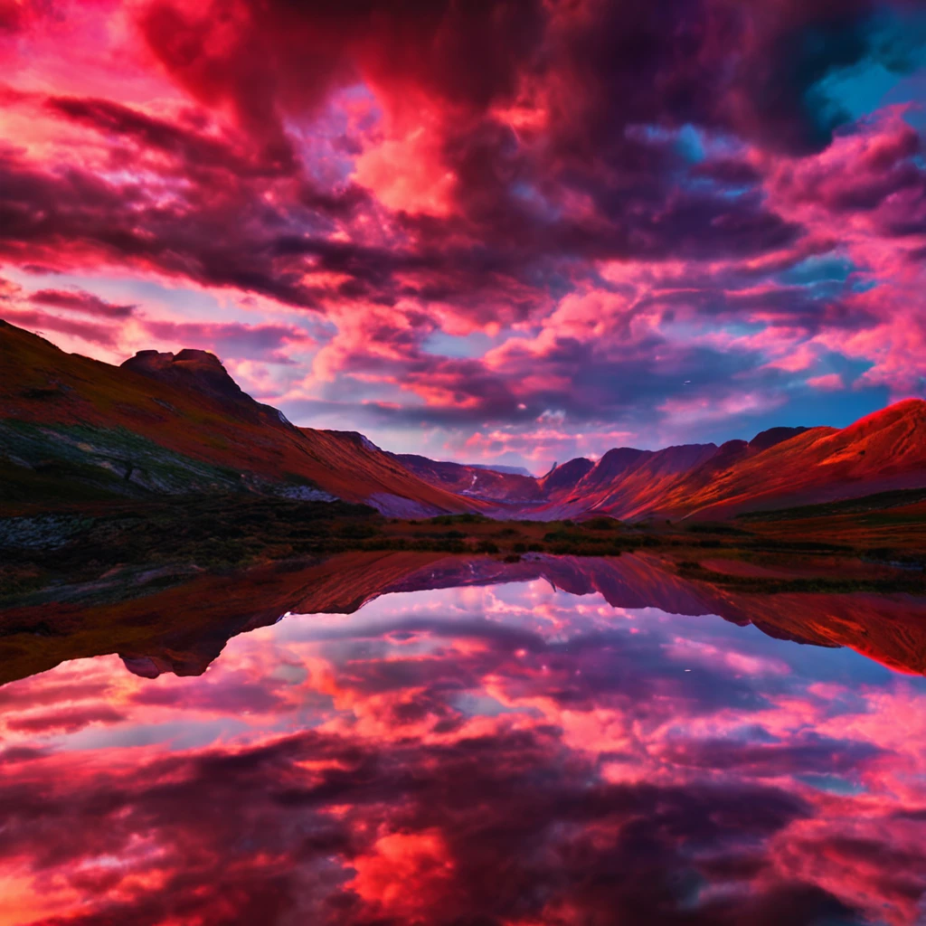 Man reflected in water，Colorful clouds，evening light，Back Shadow，tmasterpiece