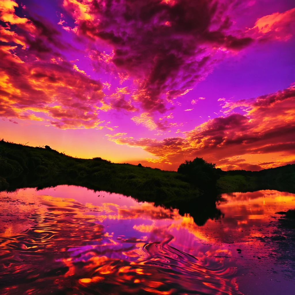 Man reflected in water，Colorful clouds，evening light，Back Shadow，tmasterpiece
