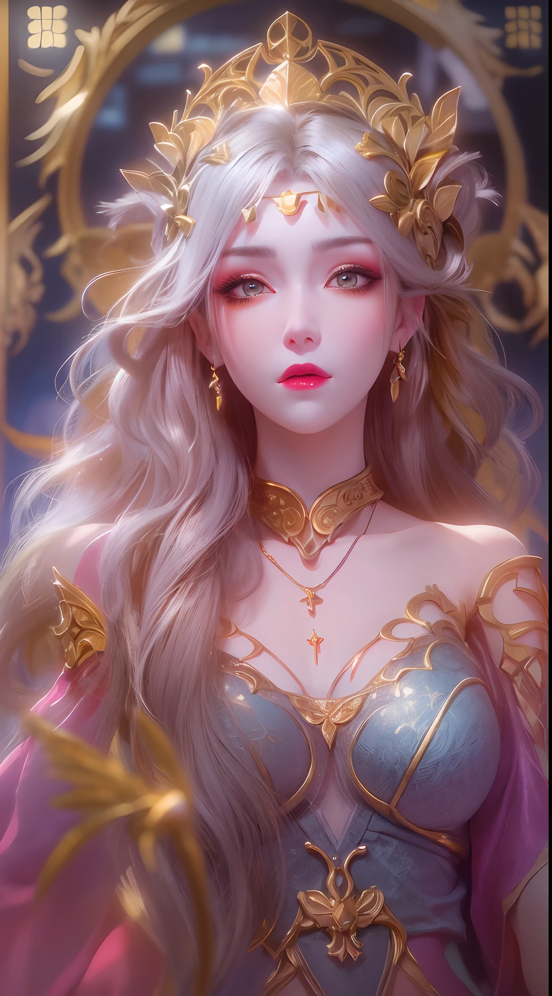 1 20 year old girl, 1 goddess Athena, pink purple silk dress, beautiful goddess Athena face without blemishes, delicate yellow nightgown, long thin sequin nightgown with many sexy black lace details, 1 beautiful thin red silk cloth half veil, female saint legend, female saint icon, beautiful goddess style glitter, dark and mysterious version, vermilion lips, plump red lips, not smiling, mouth closed, delicate and beautiful pino detailing, delicate and beautiful lip detail, , (pure and flawless face: 1.9), female saint body, round chest, big and round breasts, phoenix brooch, long flat bangs, (7-color rainbow hair: 1.9), flower stickers tattoo on forehead, beautiful clear face and well-proportioned eyes, (transparent yellow eyes: 1.8), (big round eyes and makeup, sexy wet eye makeup, very beautiful and meticulous hair makeup, long and delicate blonde hair, delicate, body image: 1.8), figure: and vivid, (stars that make up the sky: 1.7), (the sky of heaven and the fictitious gate of time and space: 1.8), fictional art, RAW photos, hanfu photos, best photos, high resolution, best quality, best photos, best goddess quality, 8k female, super 8 single saint portraits, truest color schemes, masterpieces, best beauty brands, best hair jewelry, brand real photo, dark studio, border light, two-tone lighting, (rose white skin: 1.4), (high skin detail: 1.1), 8k uhd, d slr, soft light, 8k, high quality, candid, volume Smooth and sharp, 10x pixel increase, sexy goddess, sexy goddess, (background space: 1.8), (most beautiful aurora eyes: 1.7), beautiful eyes, aurora beautiful and flowery, (beautiful single girl: 1.8), (more details:0.8),
