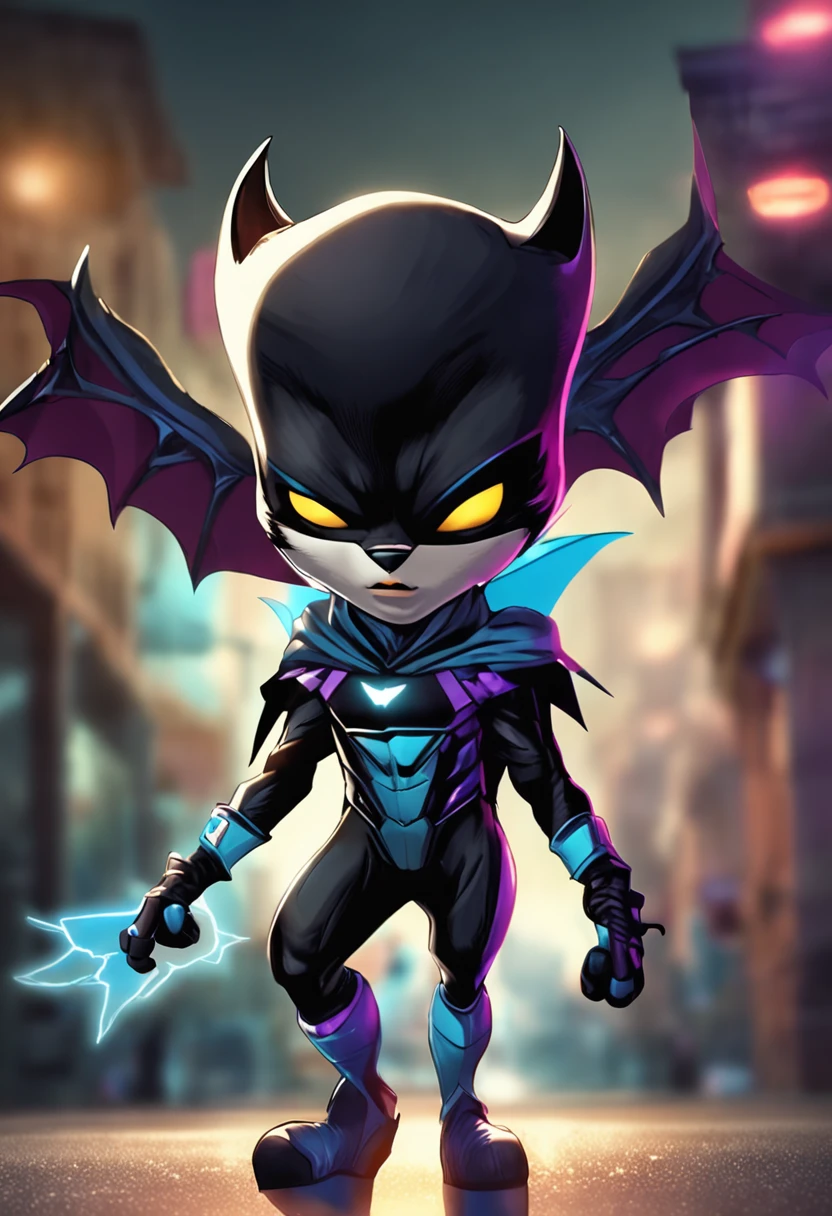 An (((anthropomorphic blond cat:1.3))) with light fur and expressive (((blue eyes:1.1))), walking upright wearing a (((bat-themed superhero costume:1.2))). He wears a (((black bat mask:1.3))) that covers his feline facial features, with ((pointed ears)). His face shows a (((prominent white mustache:1.2))). Wearing a (((tight black suit:1.1))) with ((cape)), ((bat logo on the chest)) and ((pointy boots and gloves)). He radiates (((confidence and craftiness:1.4))). The background is a city night with ((alert)) signal in the sky, (((Masterpiece:1.3, extremely detailed:1.2, photorealistic:1.2, cinematic lighting:1.1, 8K, dramatic perspective:1.2)))