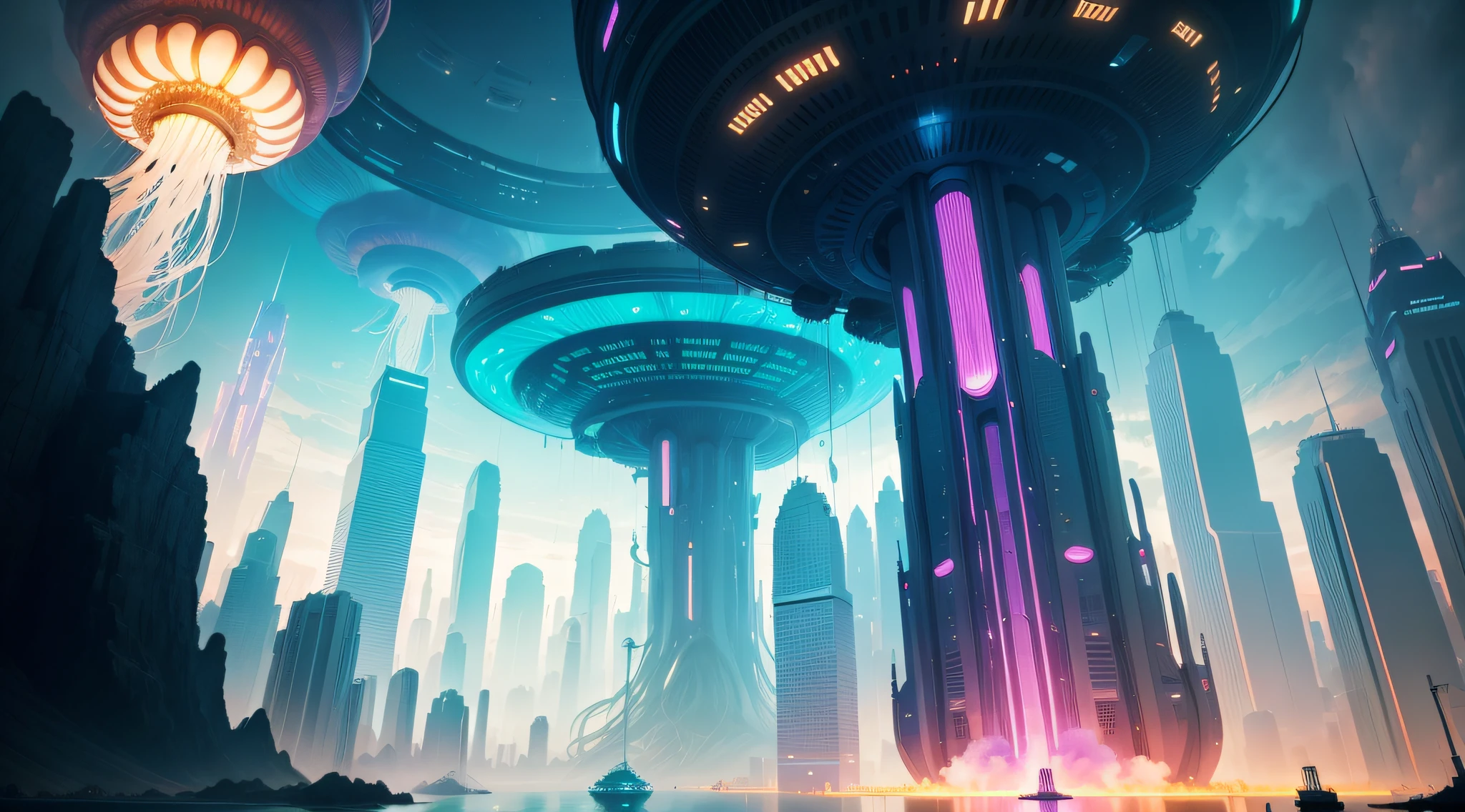 Jellyfish City,The sci-fi city of the future,Scenes from science fiction movies,There are skyscrapers everywhere that break through the atmosphere at high altitude