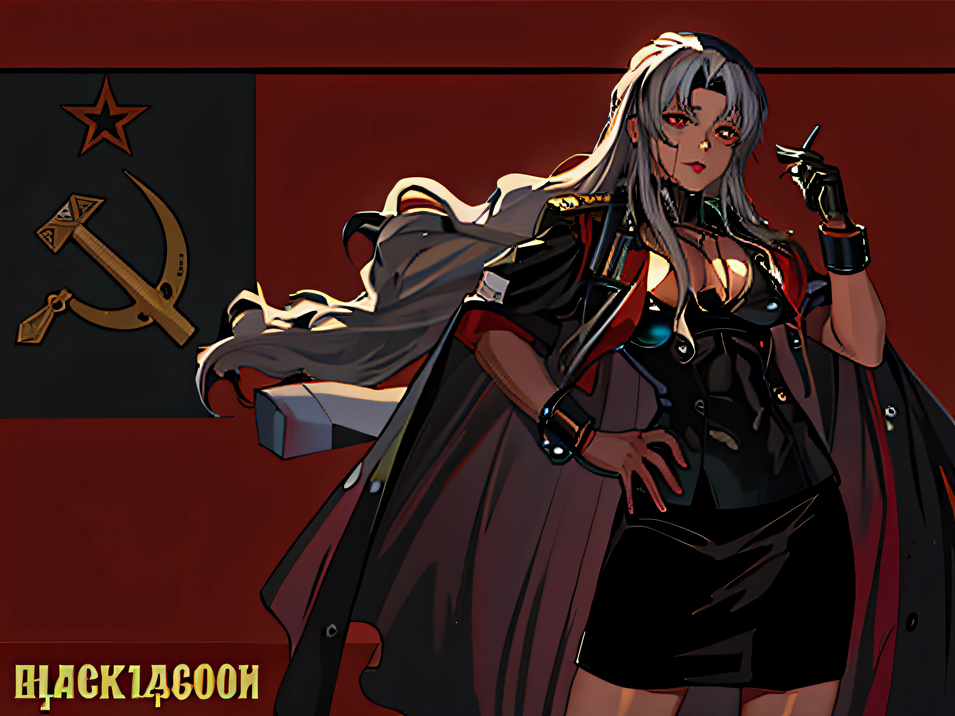 uma mulher de casaco vermelho e foice e martelo, dieselpunk volgogrado, Lagoa Negra, eslavo!!!, rei hiroe black lagoon manga, soviet style cyberpunk, inspirado em Vlady Kibalchich Russakov, soviet cyberpunk, SOVIET UNION, CCCP, inspirado em Aleksandr Ivanovich Laktionov, Soviet nostalgia