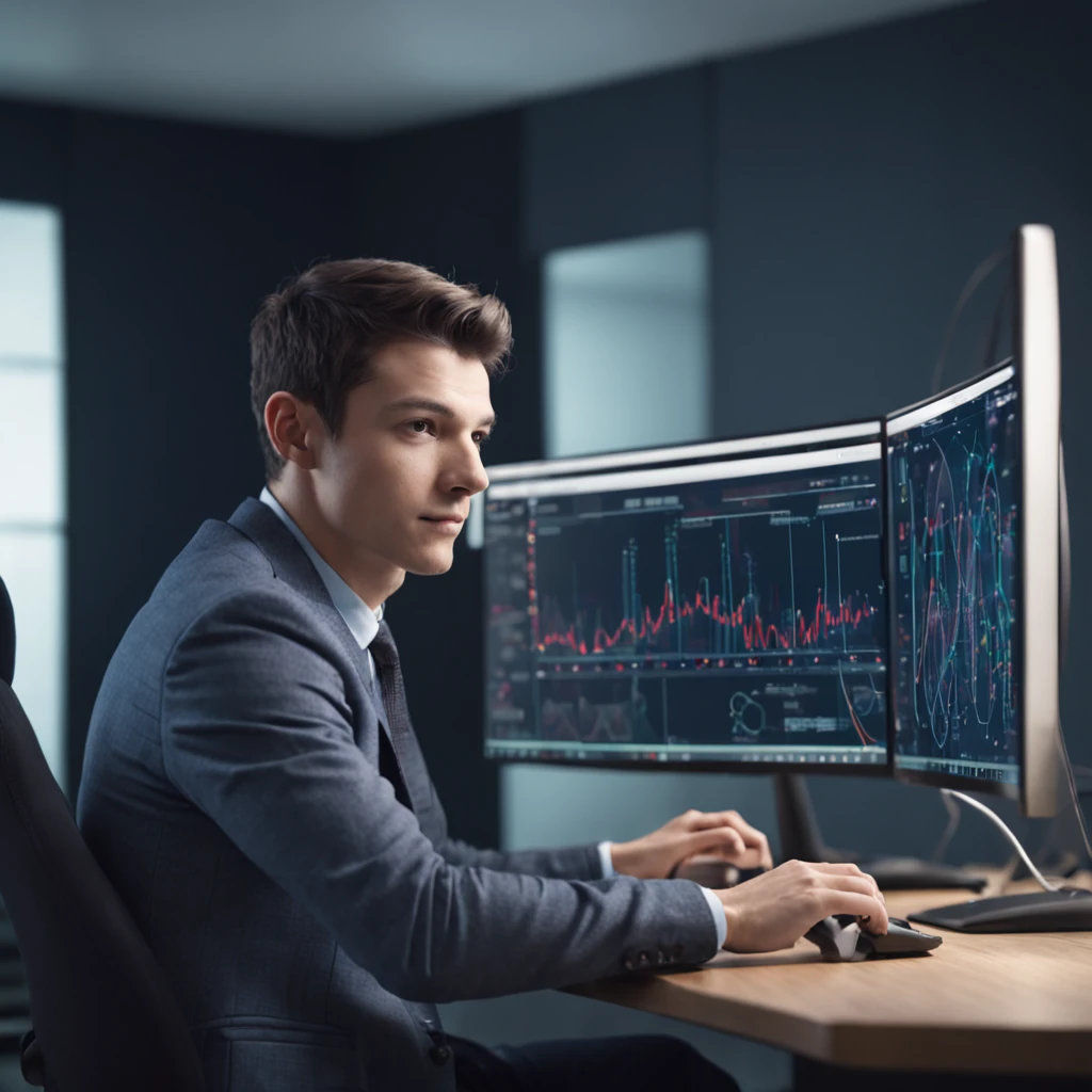 Create an image of a young man (around 25 years old) in modern clothing, working enthusiastically at a high-tech office desk. The office should look futuristic with advanced computer screens showing AI graphics. Use modern, tech-themed colors like dark blue and silver with some vibrant highlights. Include subtle AI-related visuals like stylized circuits.

Use a contemporary art style with clean lines and clear details. Show the young man as confident, determined, and passionate about AI. This image represents our innovative AI-focused company. Ensure it's high-quality for marketing and social media.