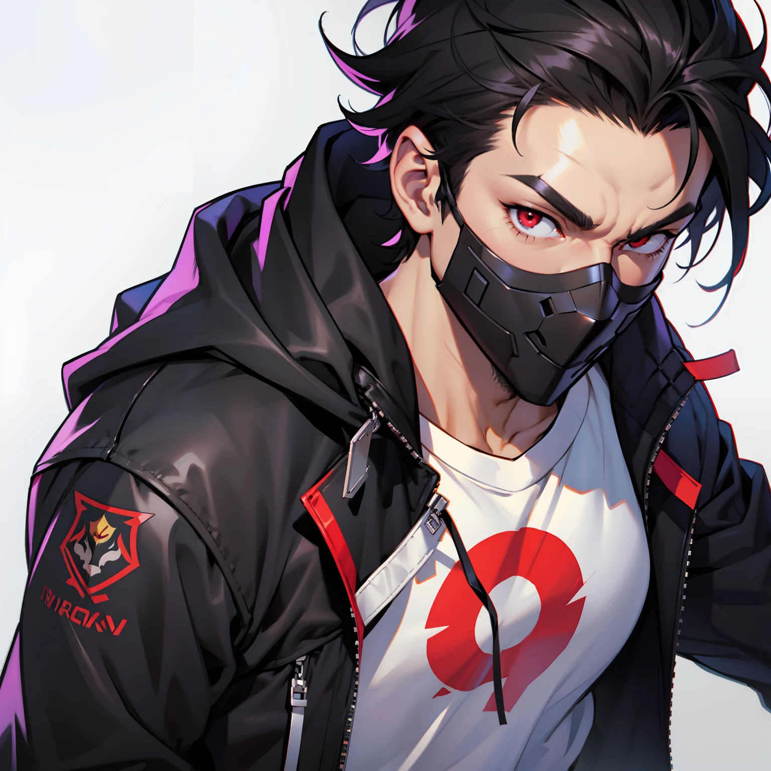 A man with a black jacket over a white t-shirt, black ClothMask , pushed back black hair , ((character concept art)), ((character design sheet, same character, front, side, back)) maple story character art, video game character design, video game character design, expert high detail concept art, metal bullet concept art, funny character design, Black pants ,BLACK MASK IN HIS MOUTH , BLACK JACKET OVER A WHITE T-SHIRT , PUSHED BACK HAIRCUT , black gloves , red eyes , Anime male style , BLACK MASK IN HIS MOUTH , BLACK JACKET OVER A WHITE T-SHIRT , PUSHED BACK HAIRCUT, RED EYES , black gloves , PUSHED BACK HAIRCUT , video game character design