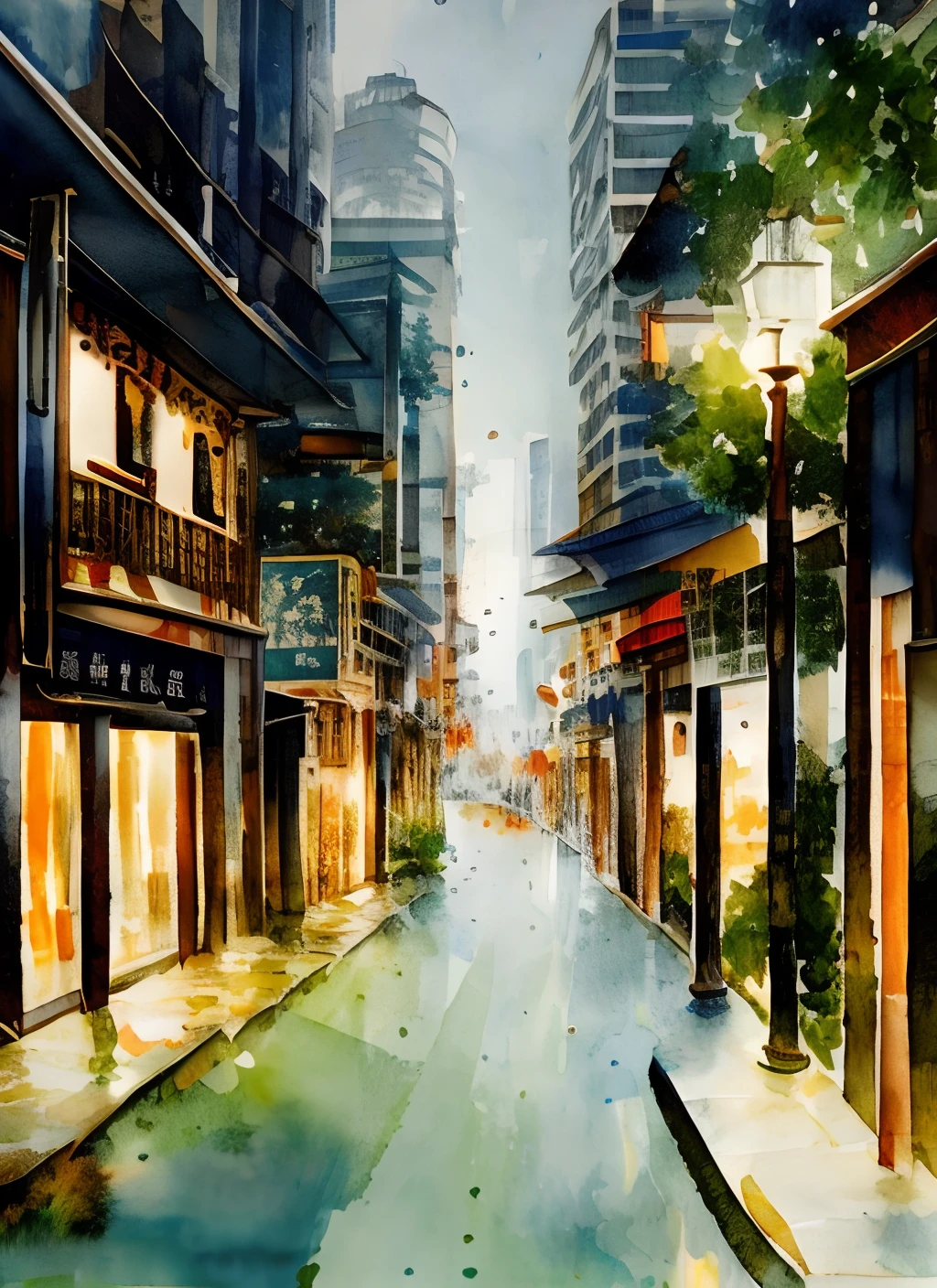 tmasterpiece,water color art,The streets of Hong Kong with light rain, Lots of pedestrians, Impressive speed and elegance, Bright lights, Night Road, Modern urban atmosphere.