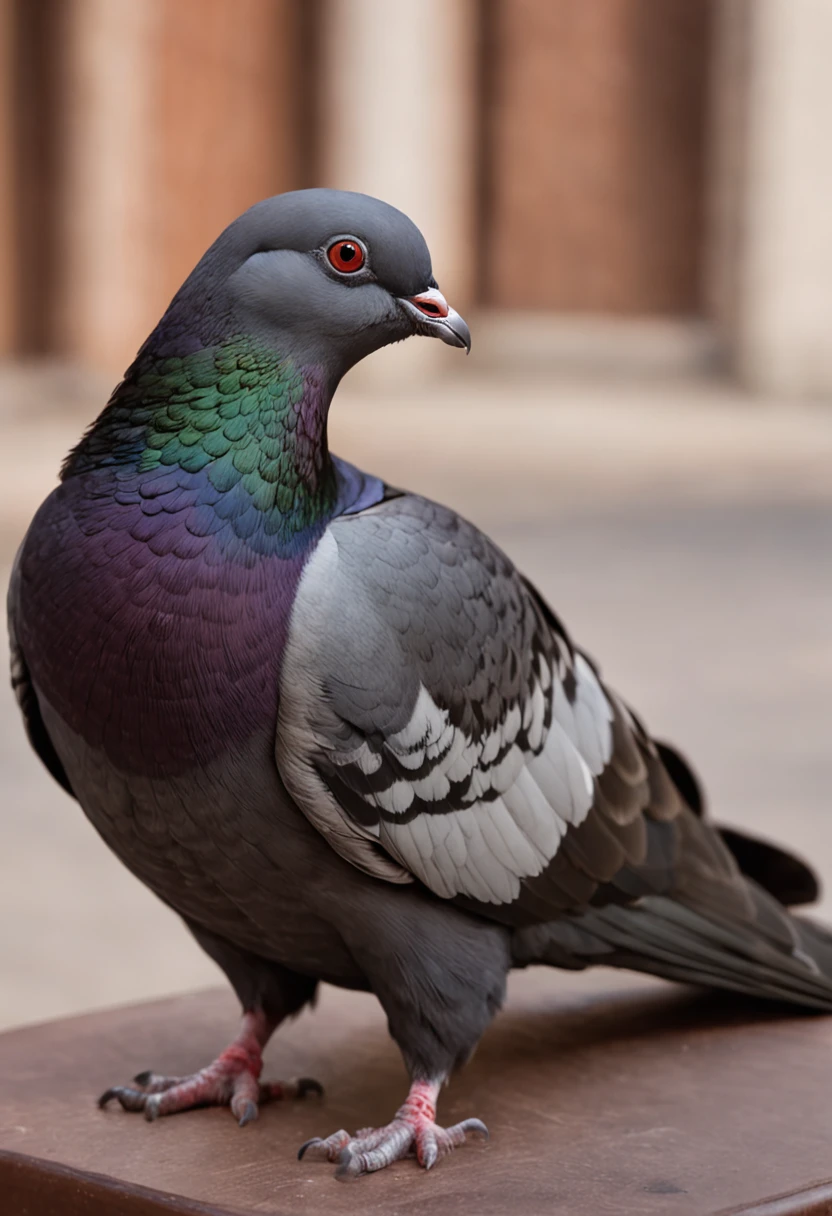 "Create an image featuring a black pigeon lying on a table, captured from the front. The pigeon should be in full view, with its feathers disheveled and a slightly dirty appearance. The scene should convey a sense of realism and detail, highlighting the pigeon's features and surroundings."