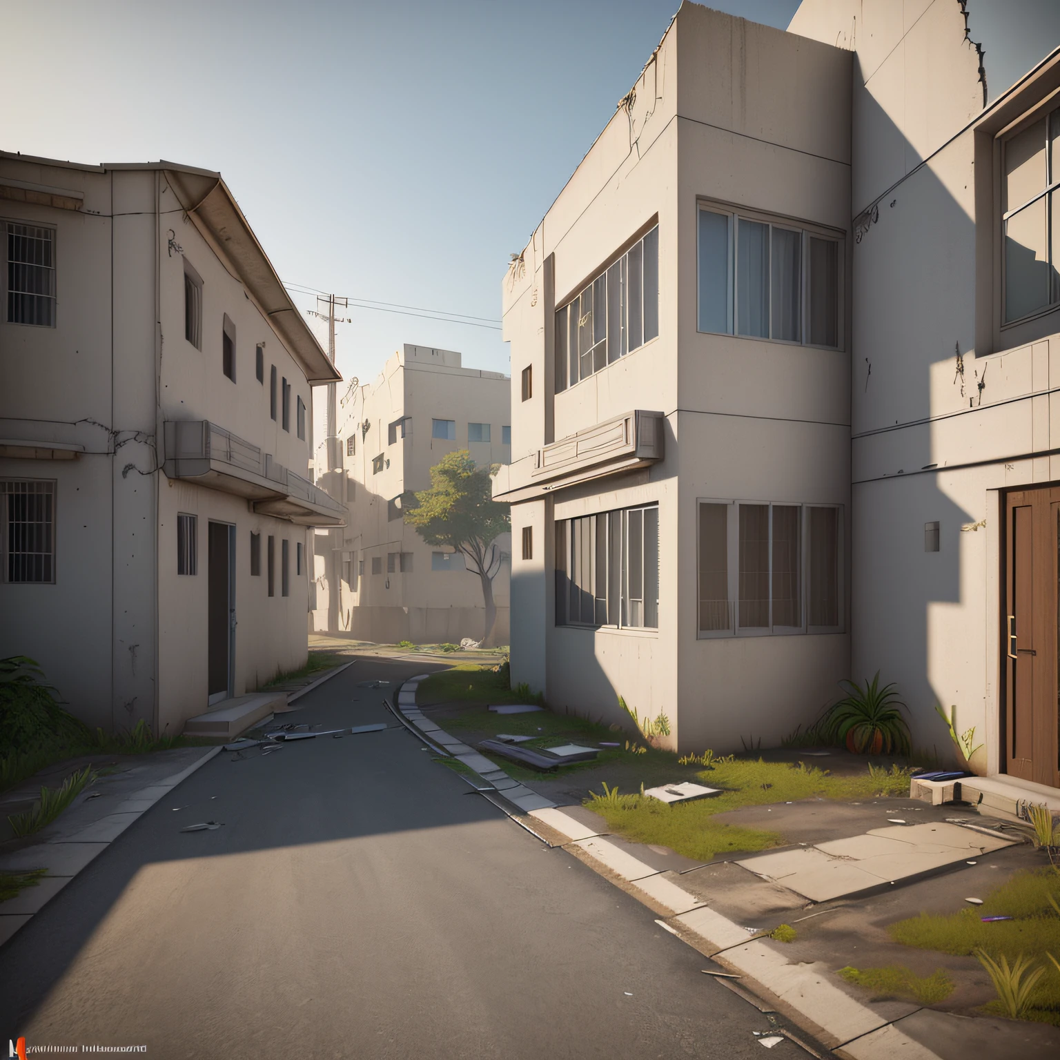 3D model HD rendering, building rendering, right Angle isometric view, 45 degree Angle, (grey background), high detail, film, global lighting, reality lighting, Unreal Engine rendering, Substance 3D, Octane rendering, (hdr:1.3), (Indian ghetto architecture), Crash, combat damage style, overgrown weeds