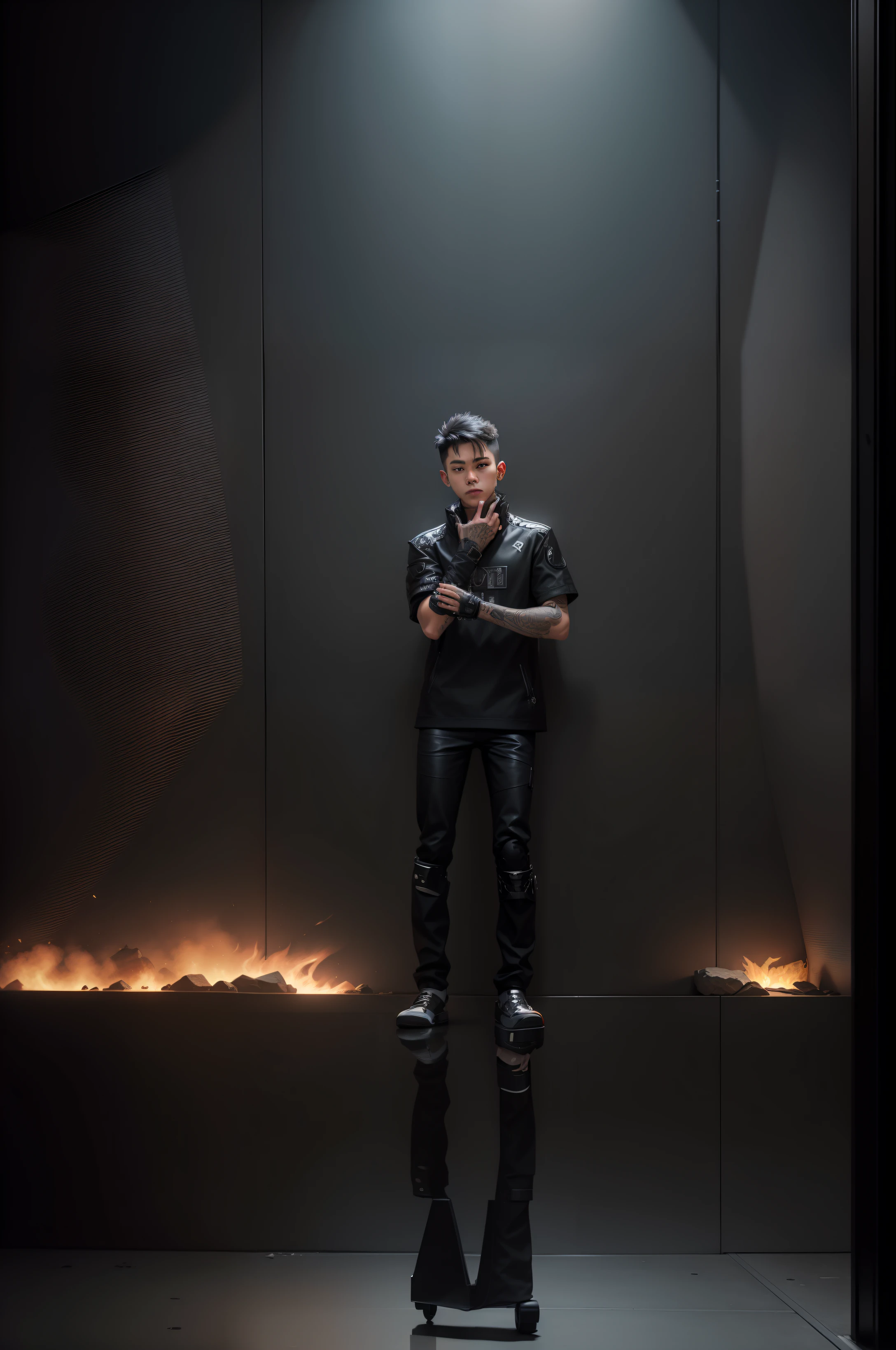 A young man with light-colored skin and short hair. His left arm and right leg were removed and replaced with a black mechanical prosthesis with intricate lines and lines on the prosthesis, which looked very cool. His eyes are holographic displays, and his costume style is very unique, wearing a black leather jacket and black leather boots with various decorations and logos on them. He has many hidden bags and pockets on his leather coat, a small camera and a voice recorder on his wrist, a pair of black headphones plugged into his ears, the exterior design is very cool and futurism, perfectly embodying the cyberpunk style, and both hands are tattooed in Japanese style, drawn in black ink, containing various traditional Japanese motifs, such as dragons, flowers, birds and so on. --auto