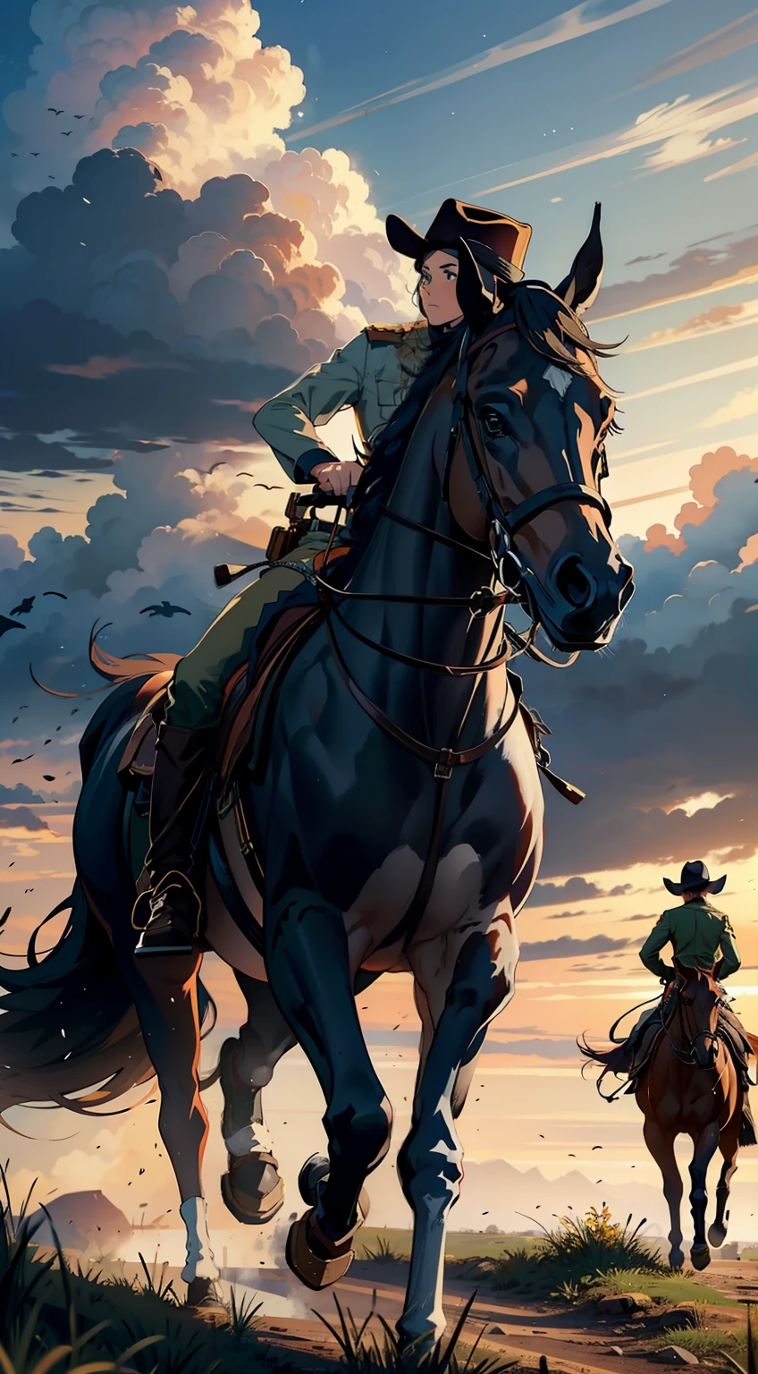 Western male hunter on horseback,Western hunters in berets ride on horseback,rider