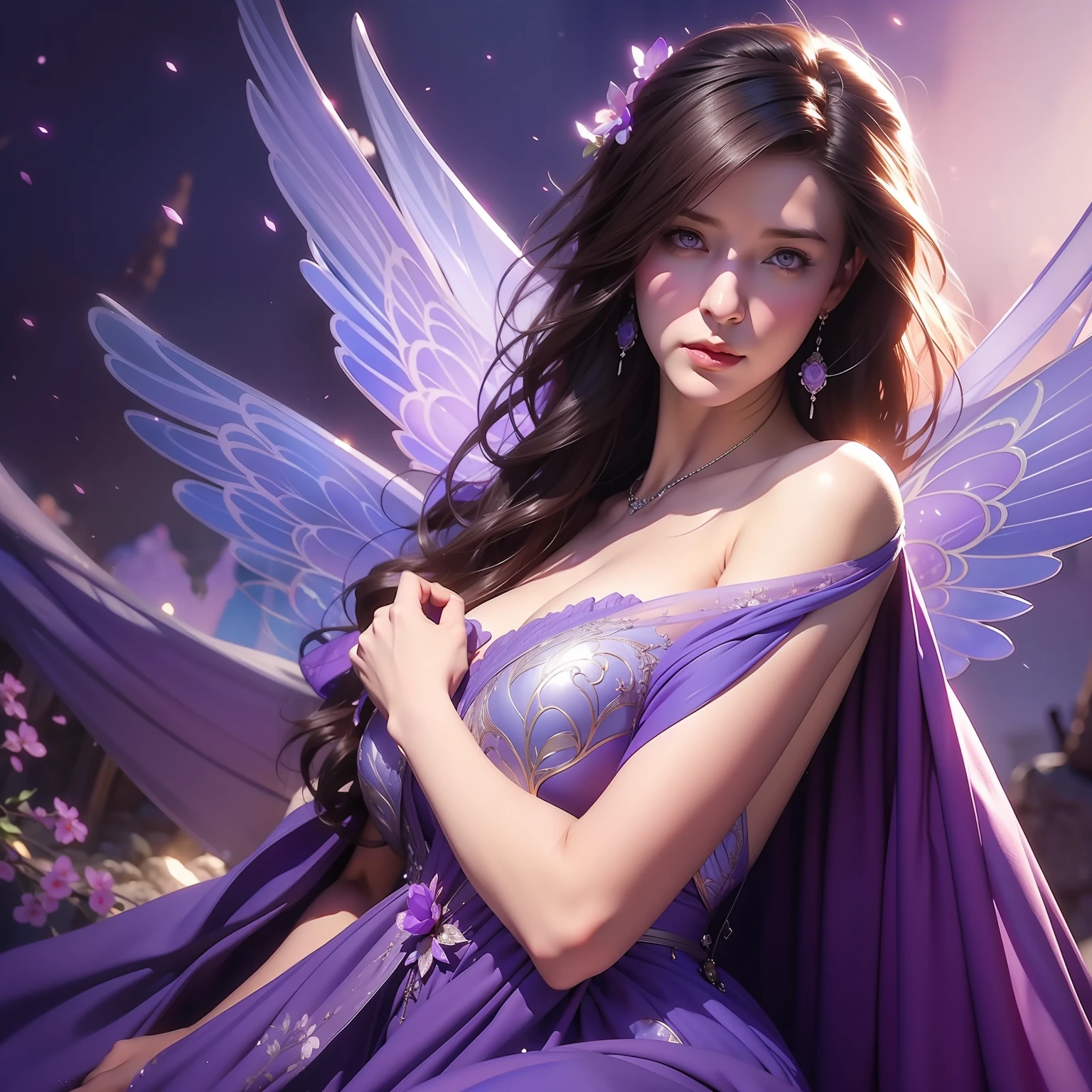 Generate a pretty angel with glittering (((dark purple hair))), loose curls, and long hair, and purple macro eyes. Her eyes are extremely detailed and high resolution, and should contain shades of purple with realistic shading, beautiful detailed eyes. She has dark skin. She is wearing delicate clothes of billowing silk, shimmering silk, and stunning feathers. archangel, silver ornaments, highlights, angel's city, fantasy, anime, puffy lips